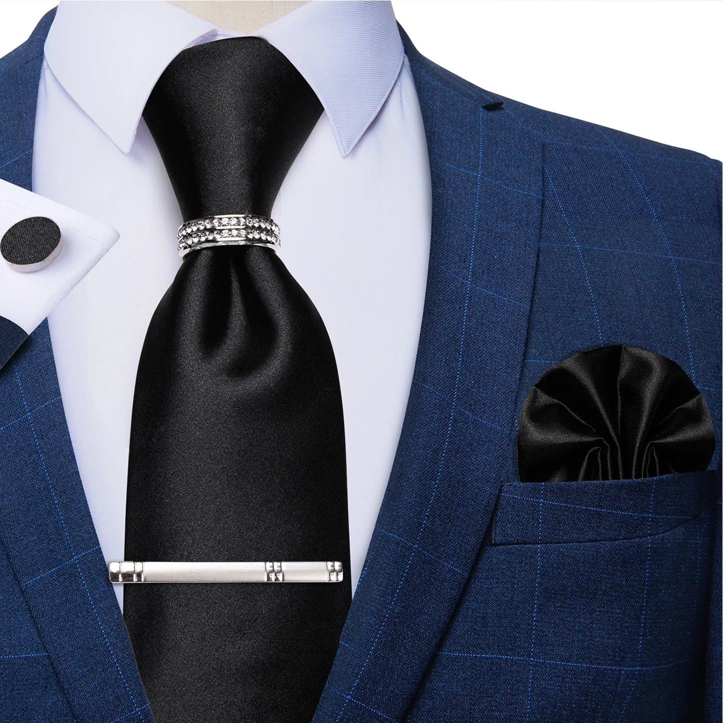 Blue Royal Dot Pliad Mens Tie set with Silver Clip and Ring Business Wedding Party Accessories 8cm Necktie Handkerchief Cufflink - Velora