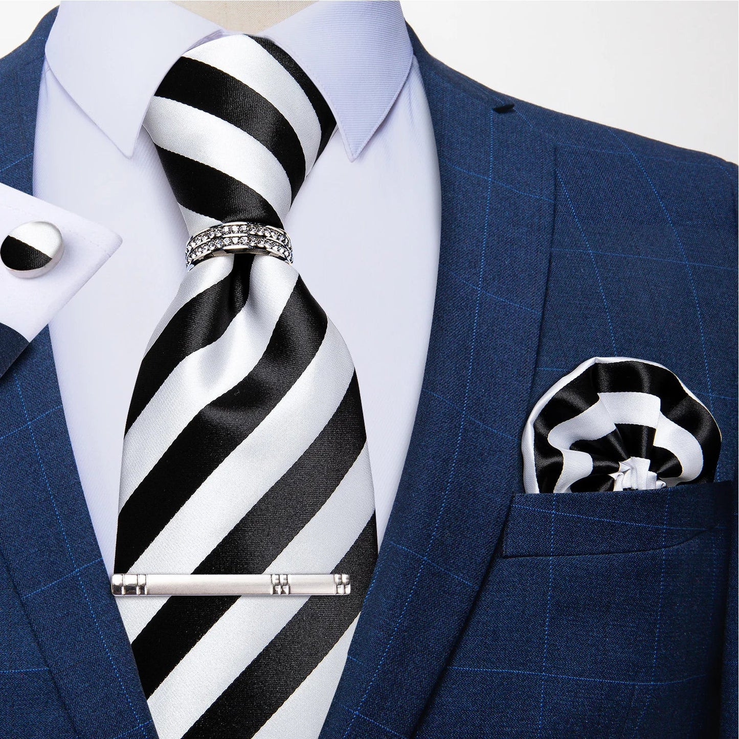 Blue Royal Dot Pliad Mens Tie set with Silver Clip and Ring Business Wedding Party Accessories 8cm Necktie Handkerchief Cufflink - Velora