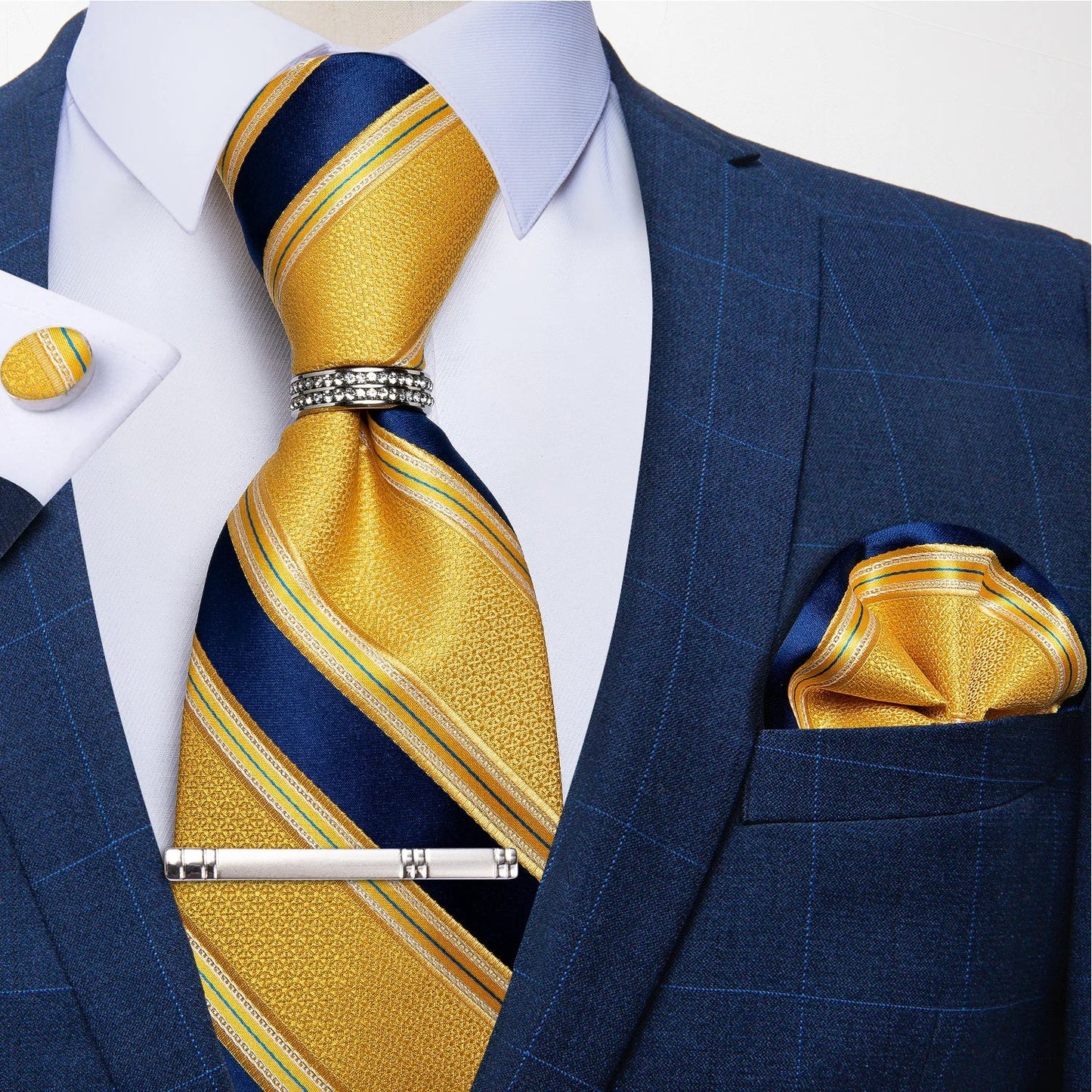 Blue Royal Dot Pliad Mens Tie set with Silver Clip and Ring Business Wedding Party Accessories 8cm Necktie Handkerchief Cufflink - Velora