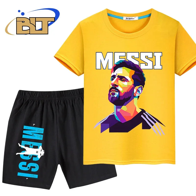 messi avatar printed kids sports suit summer pure cotton T-shirt shorts 2-piece set suitable for boys and girls Velora