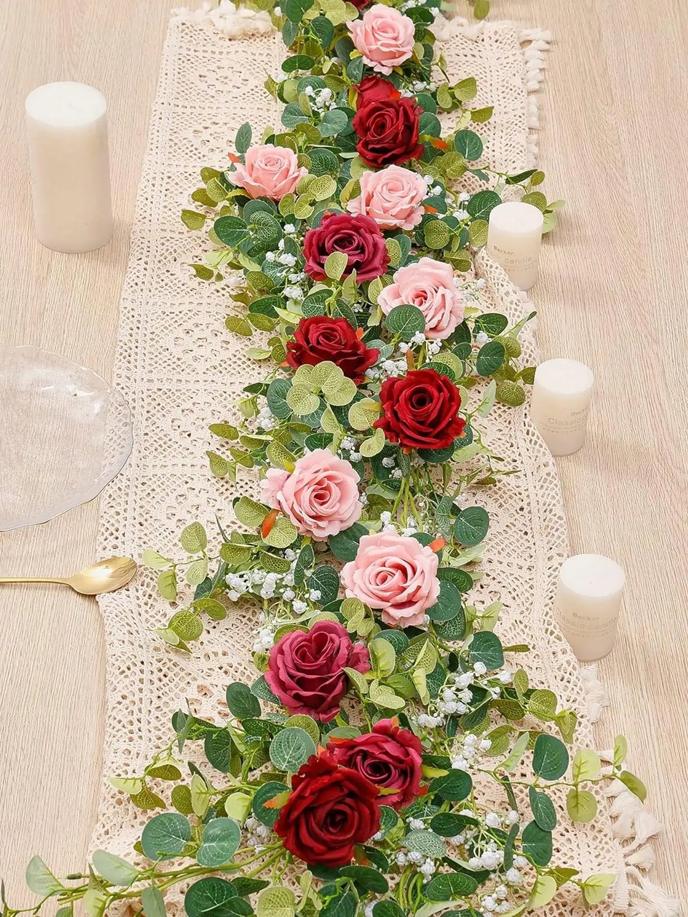 1pc 5.9FT Artificial Eucalyptus Vine Fake Rose Flowers Gypsophila Garland For Wedding Home Party Craft Art Table Runner Decor - Velora