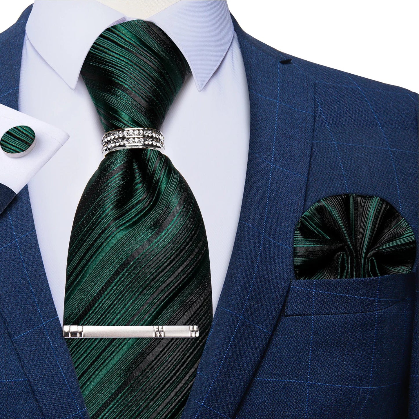Blue Royal Dot Pliad Mens Tie set with Silver Clip and Ring Business Wedding Party Accessories 8cm Necktie Handkerchief Cufflink - Velora