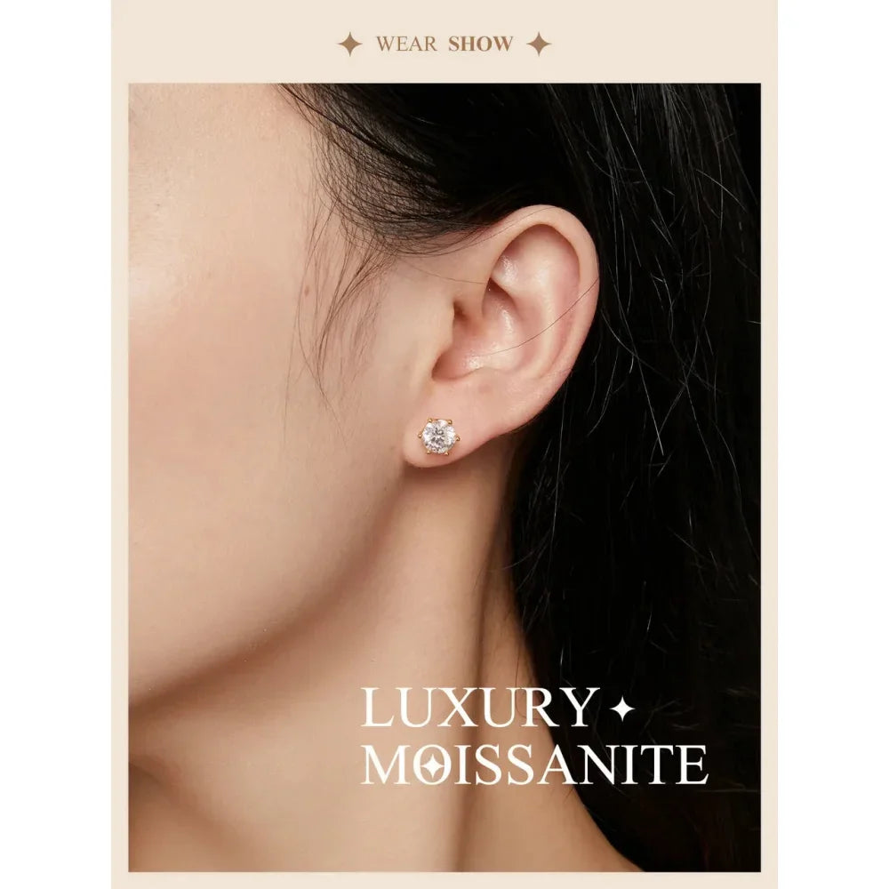 Radiant Moissanite Stud Earrings | D Color Round Cut 925 Silver, Gold Plated - Velora