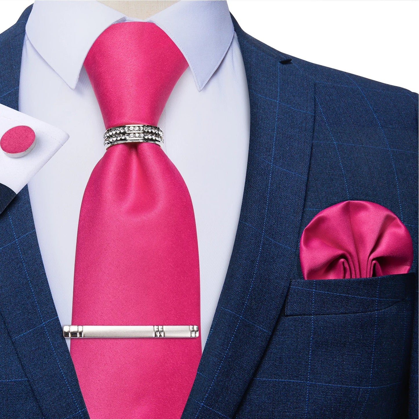 Blue Royal Dot Pliad Mens Tie set with Silver Clip and Ring Business Wedding Party Accessories 8cm Necktie Handkerchief Cufflink - Velora