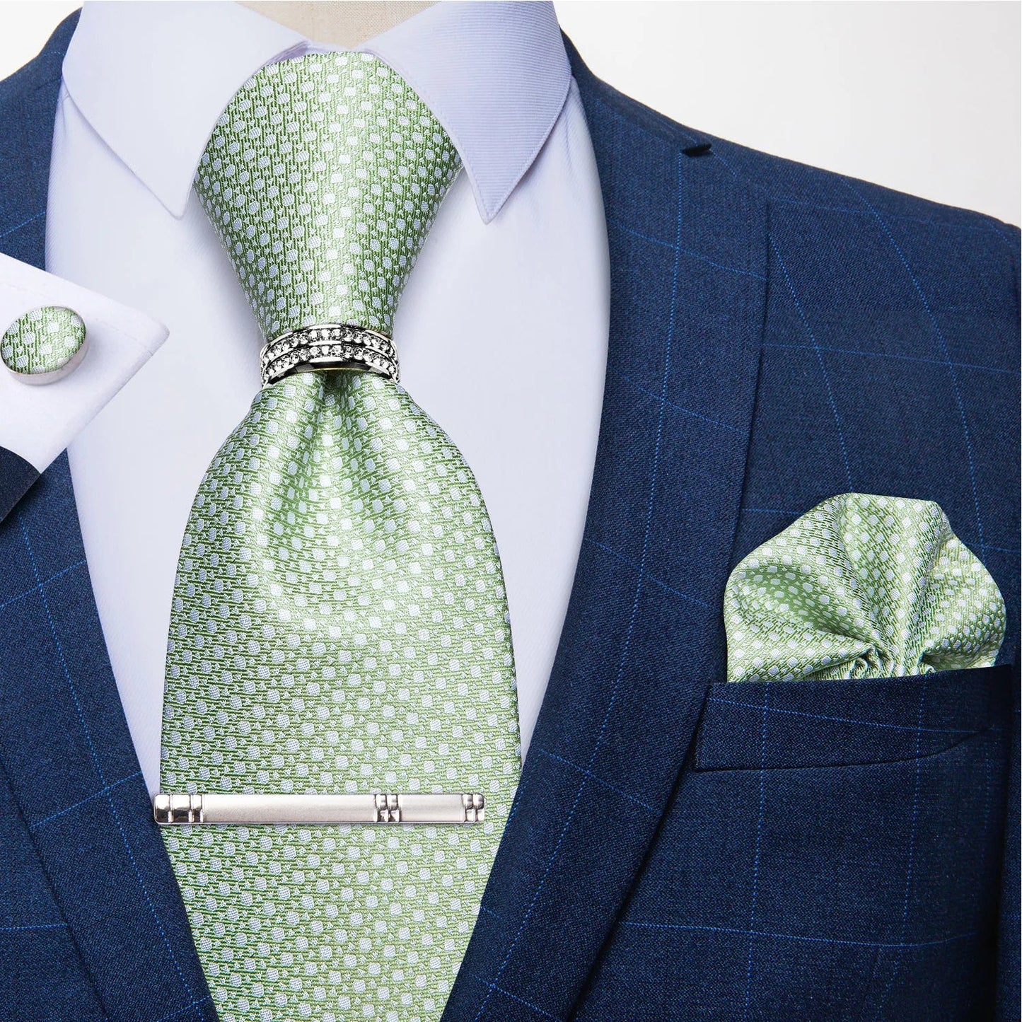 Blue Royal Dot Pliad Mens Tie set with Silver Clip and Ring Business Wedding Party Accessories 8cm Necktie Handkerchief Cufflink - Velora