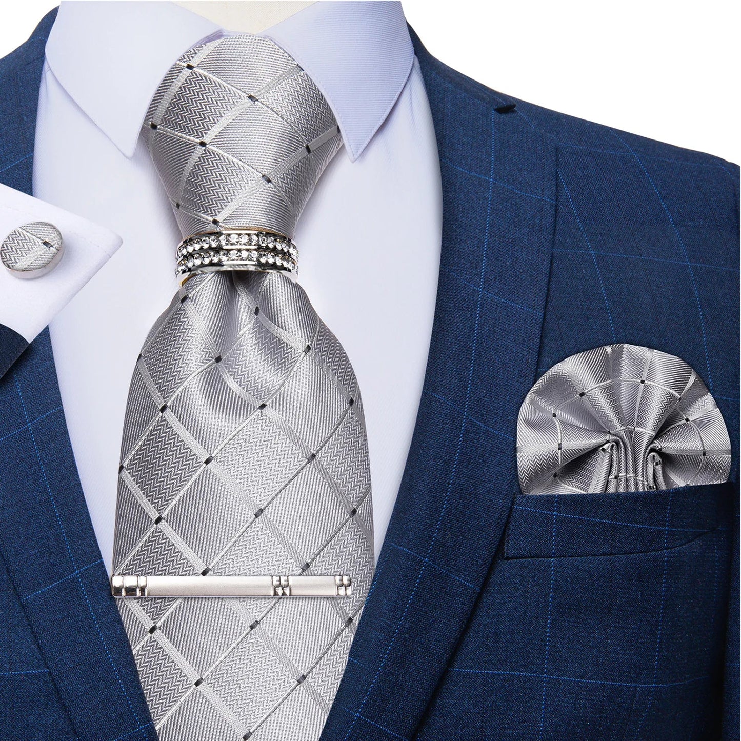 Blue Royal Dot Pliad Mens Tie set with Silver Clip and Ring Business Wedding Party Accessories 8cm Necktie Handkerchief Cufflink - Velora