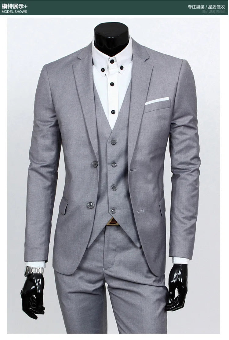 Spring Autumn New Fashion Men's Trendy Slim Business Solid Color 3 Pieces of Suits Sets Single Greasted Blazers Waistcoat Pants - Velora