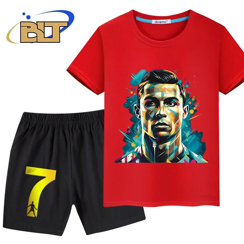 Ronaldo head print children's clothing summer kids T-shirt set pure cotton short-sleeved shorts 2-piece set boys and girls gifts Velora