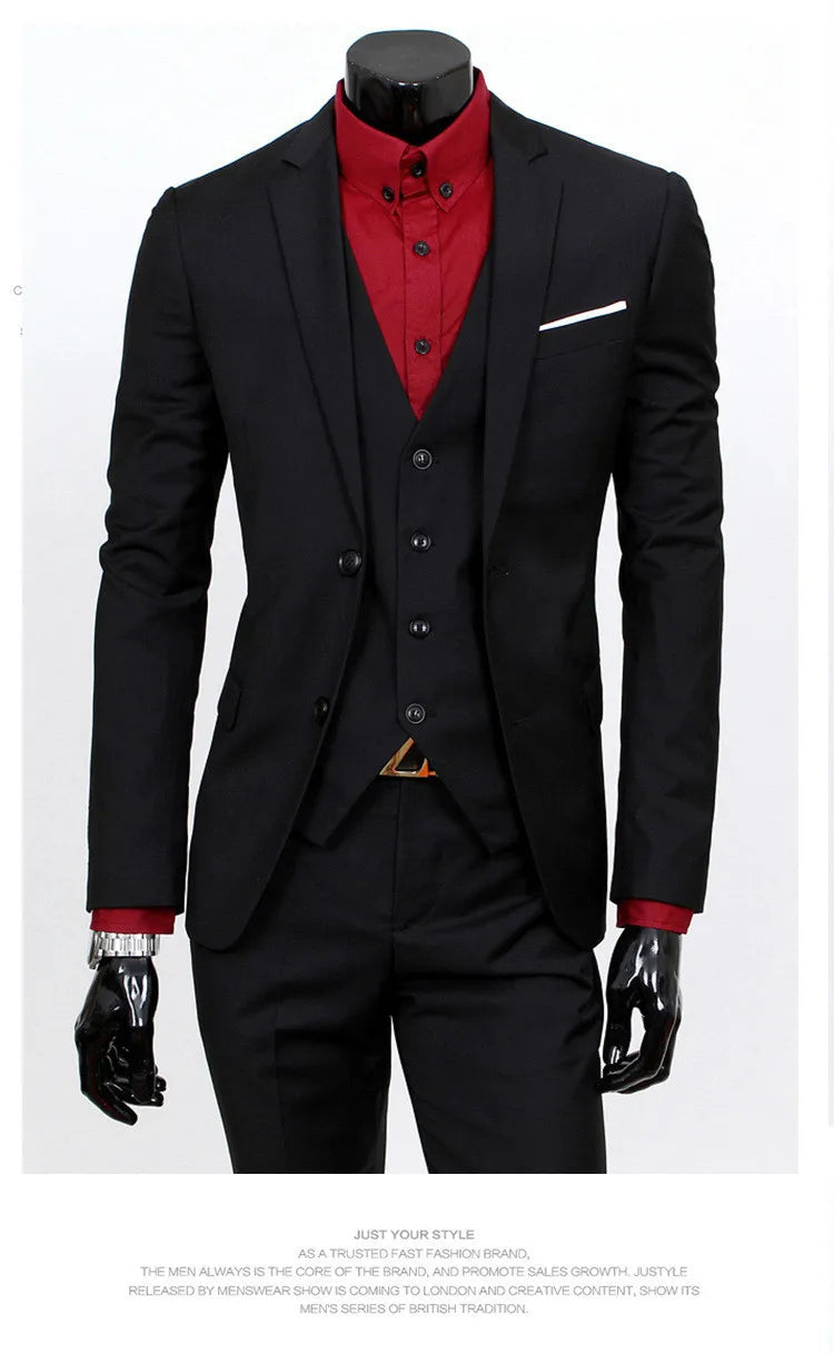 Spring Autumn New Fashion Men's Trendy Slim Business Solid Color 3 Pieces of Suits Sets Single Greasted Blazers Waistcoat Pants - Velora