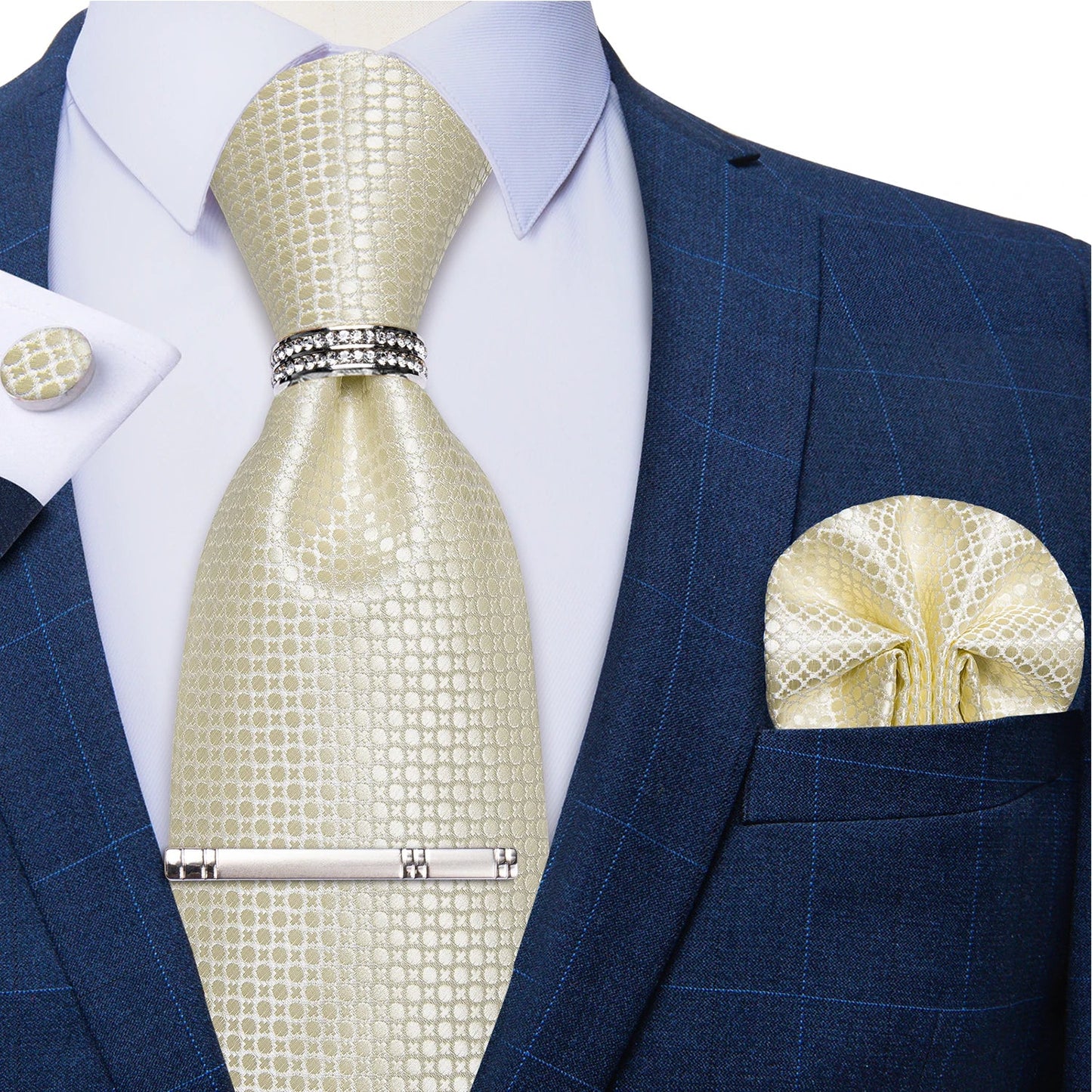 Blue Royal Dot Pliad Mens Tie set with Silver Clip and Ring Business Wedding Party Accessories 8cm Necktie Handkerchief Cufflink - Velora