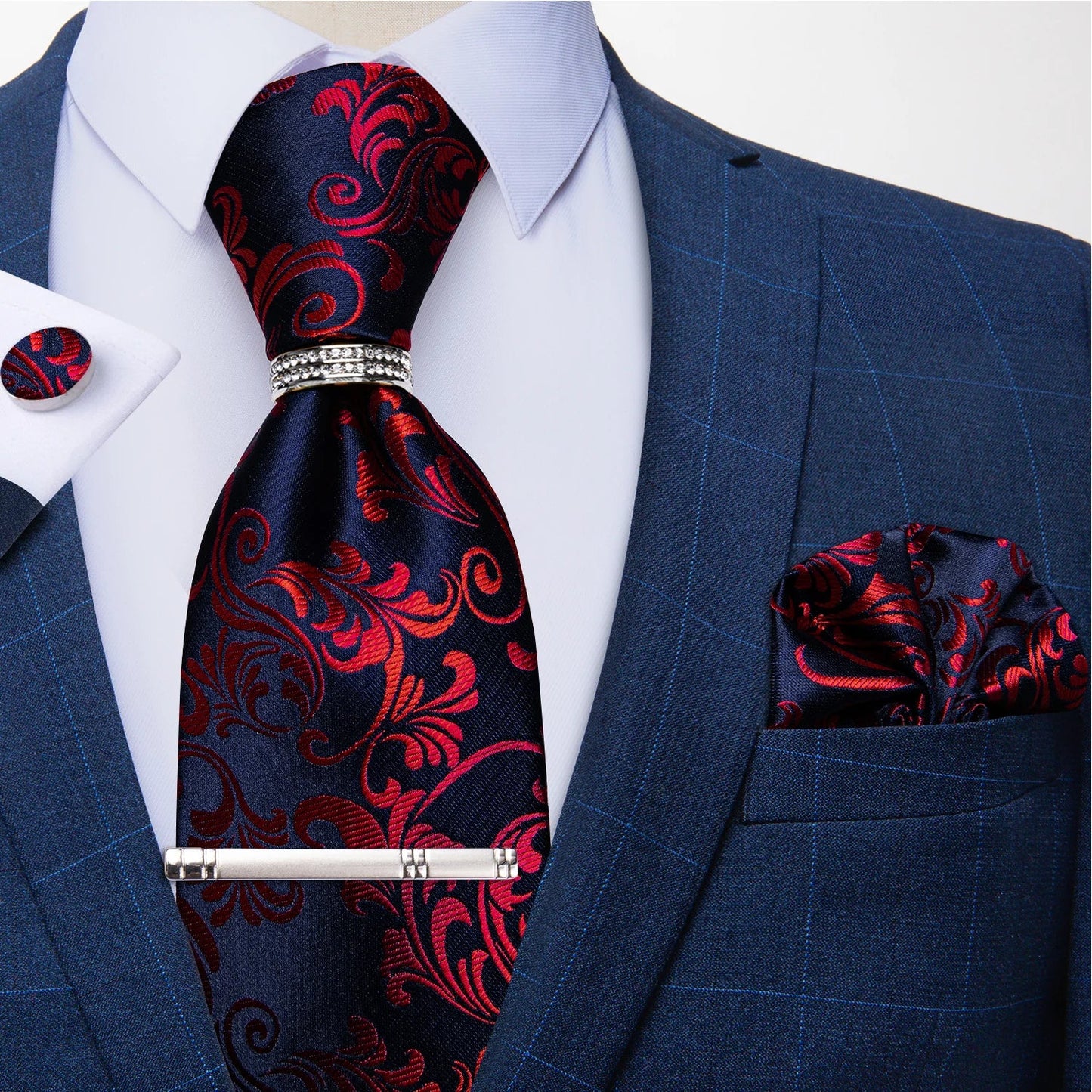 Blue Royal Dot Pliad Mens Tie set with Silver Clip and Ring Business Wedding Party Accessories 8cm Necktie Handkerchief Cufflink - Velora