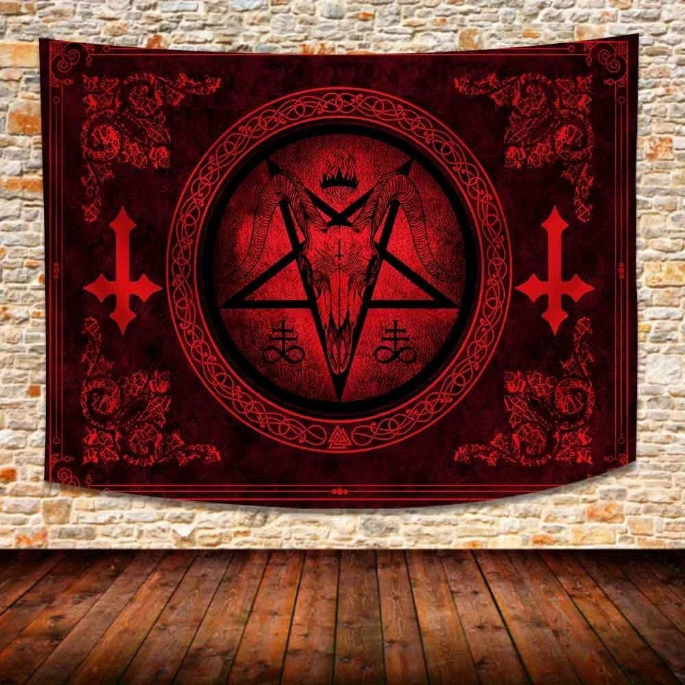 VIKAMA Halloween Dark Night Ritual Tapestry Satanic Goat Head Witch Secret Chamber Altar Bar Room Decoration - Velora