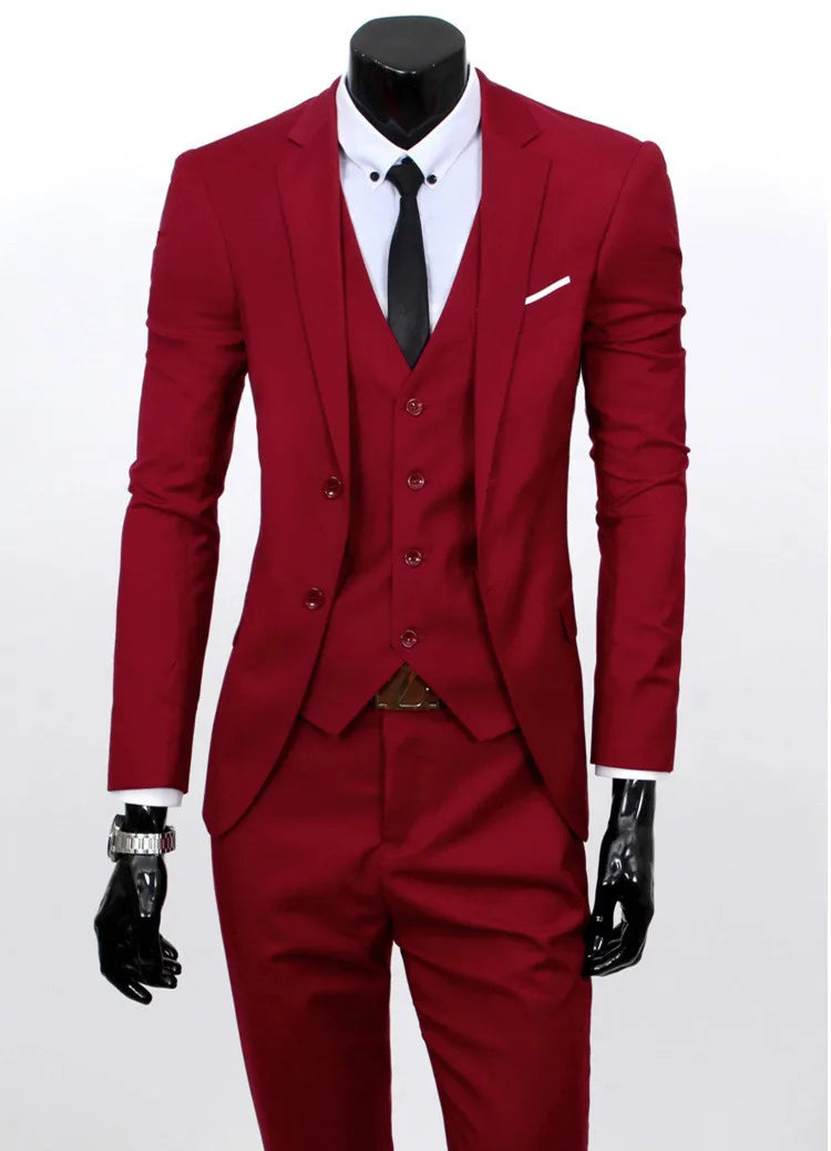 Spring Autumn New Fashion Men's Trendy Slim Business Solid Color 3 Pieces of Suits Sets Single Greasted Blazers Waistcoat Pants - Velora