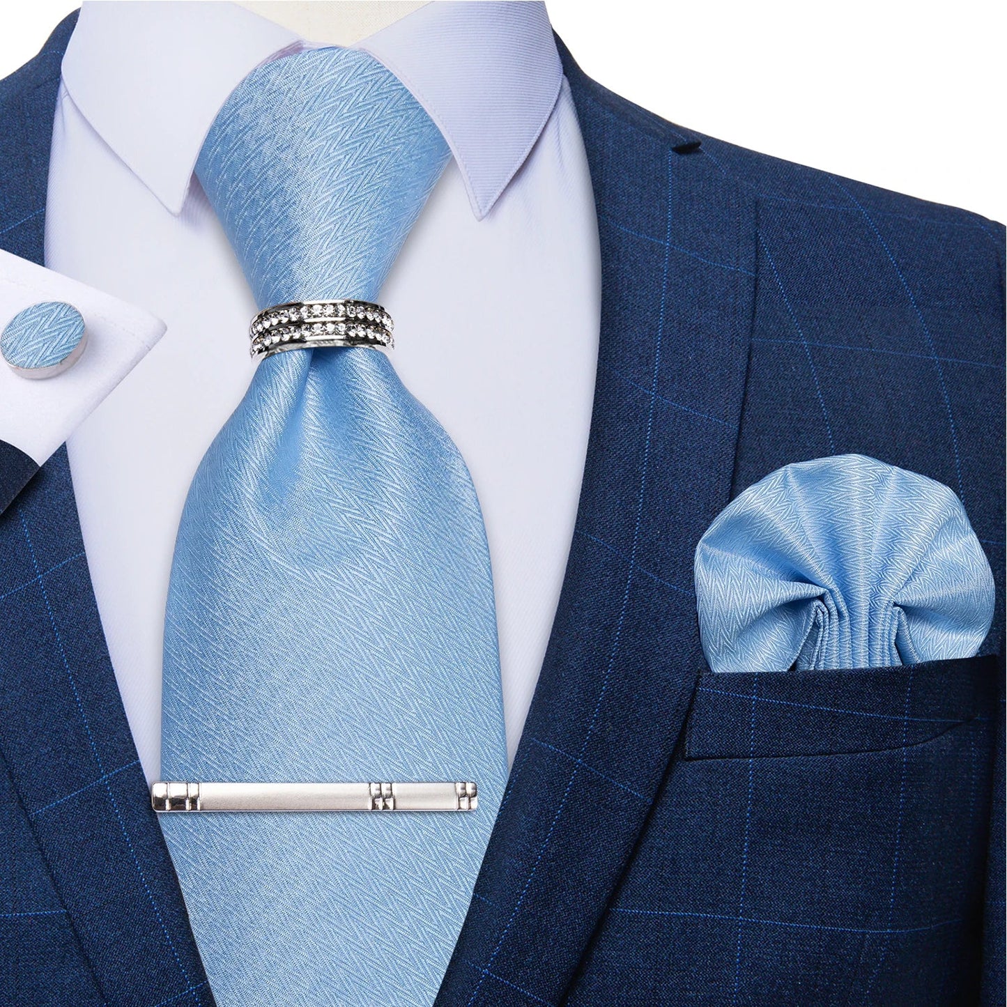 Blue Royal Dot Pliad Mens Tie set with Silver Clip and Ring Business Wedding Party Accessories 8cm Necktie Handkerchief Cufflink - Velora