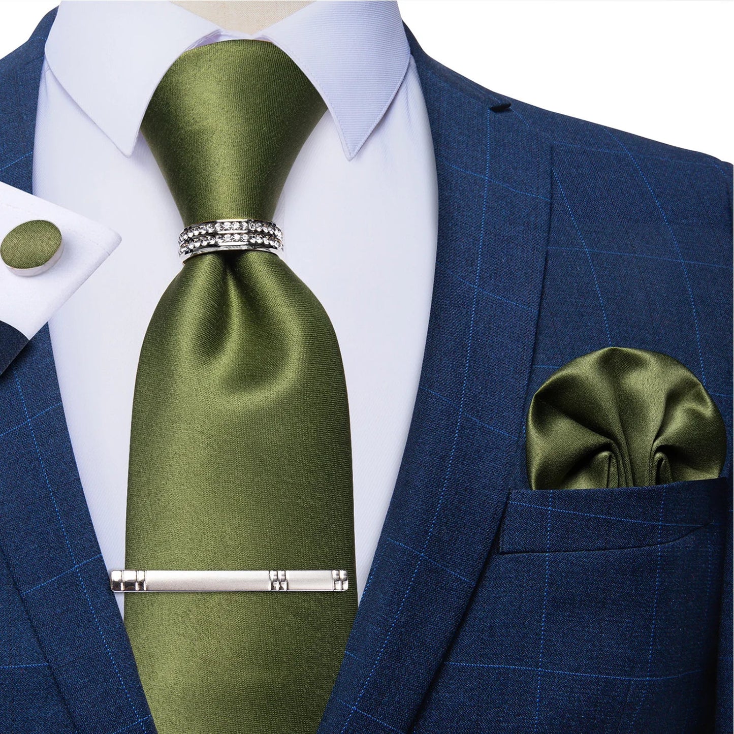 Blue Royal Dot Pliad Mens Tie set with Silver Clip and Ring Business Wedding Party Accessories 8cm Necktie Handkerchief Cufflink - Velora