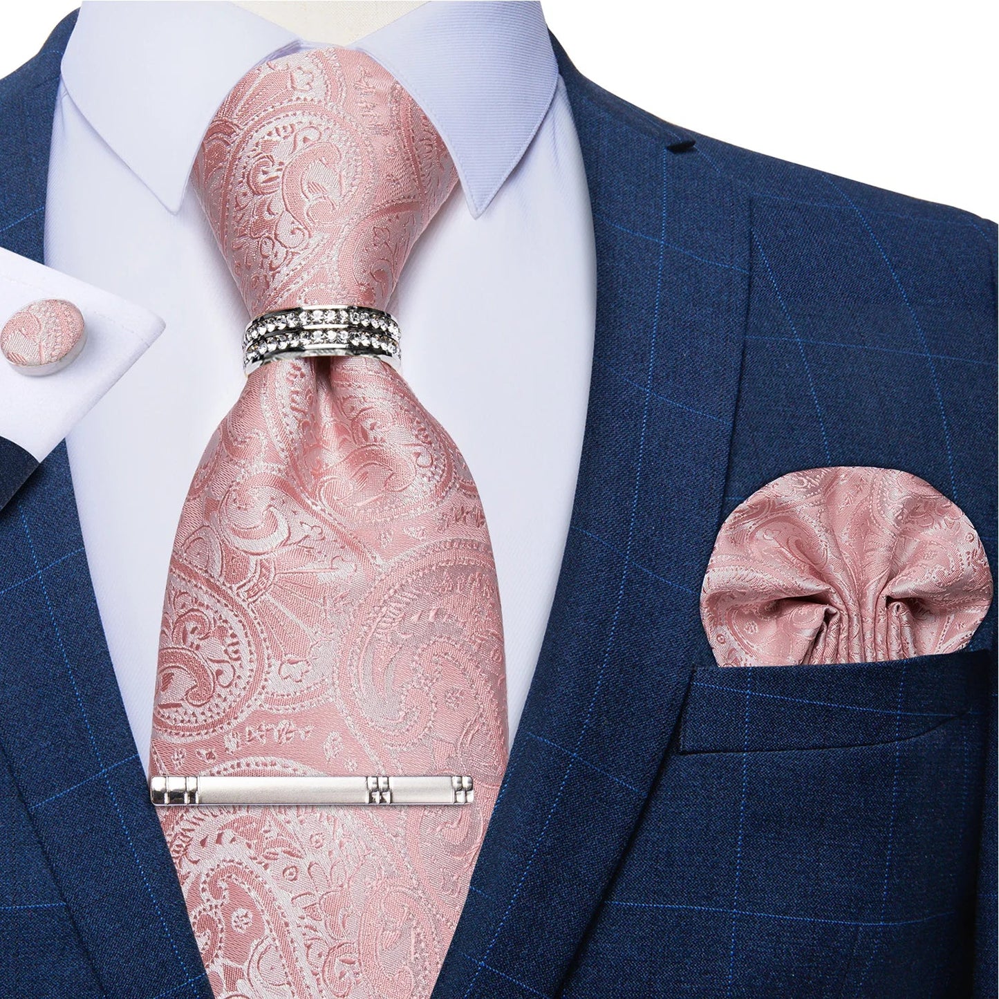 Blue Royal Dot Pliad Mens Tie set with Silver Clip and Ring Business Wedding Party Accessories 8cm Necktie Handkerchief Cufflink - Velora
