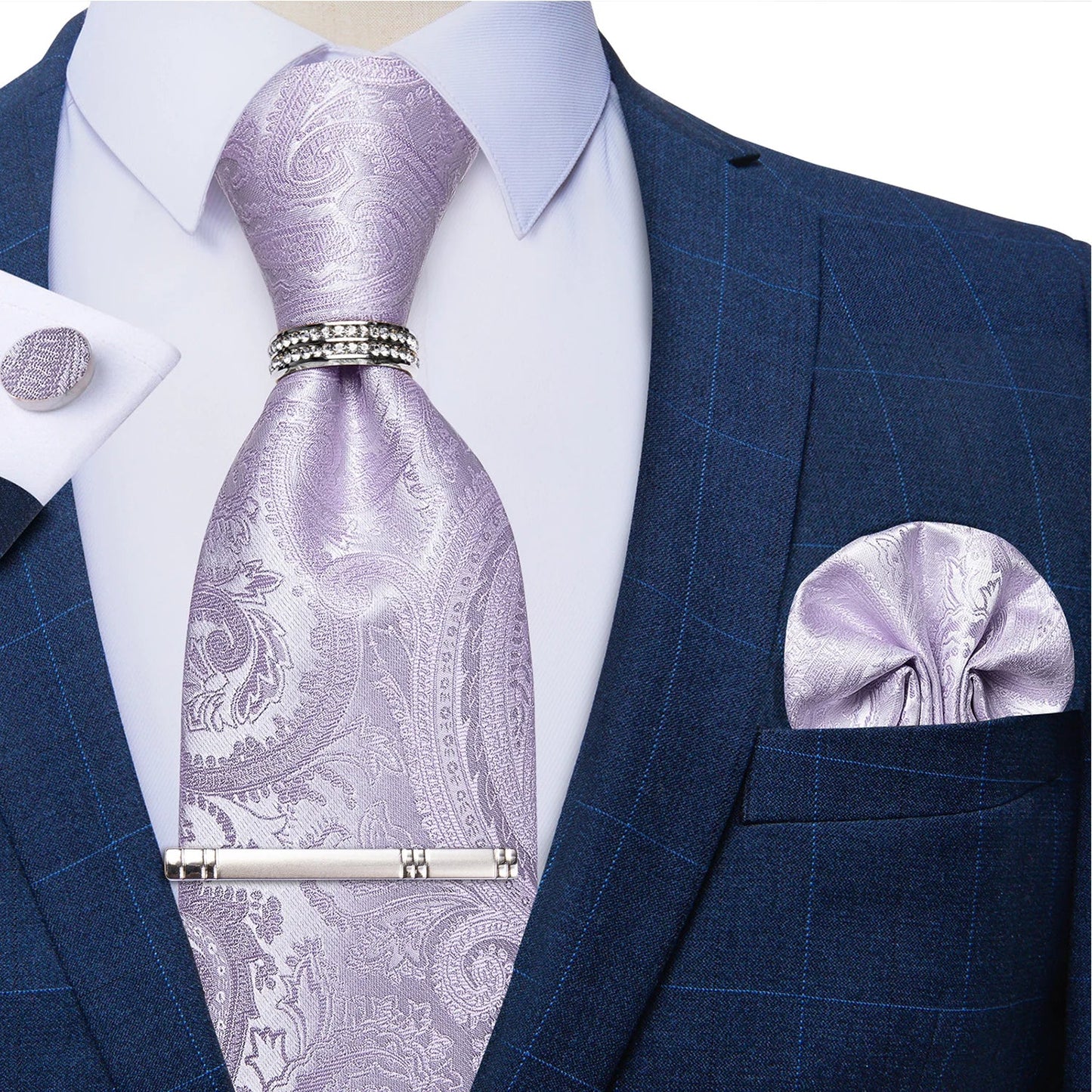 Blue Royal Dot Pliad Mens Tie set with Silver Clip and Ring Business Wedding Party Accessories 8cm Necktie Handkerchief Cufflink - Velora