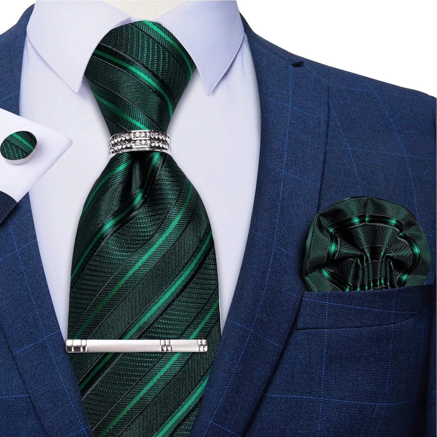 Blue Royal Dot Pliad Mens Tie set with Silver Clip and Ring Business Wedding Party Accessories 8cm Necktie Handkerchief Cufflink - Velora