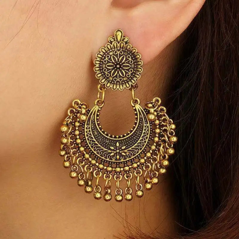 Indian Jhumka Earrings Jewelry Ethnic Retro Antique Silver Color Alloy Carved Beads Tassel Earrings For Women Daily Accessories Velora