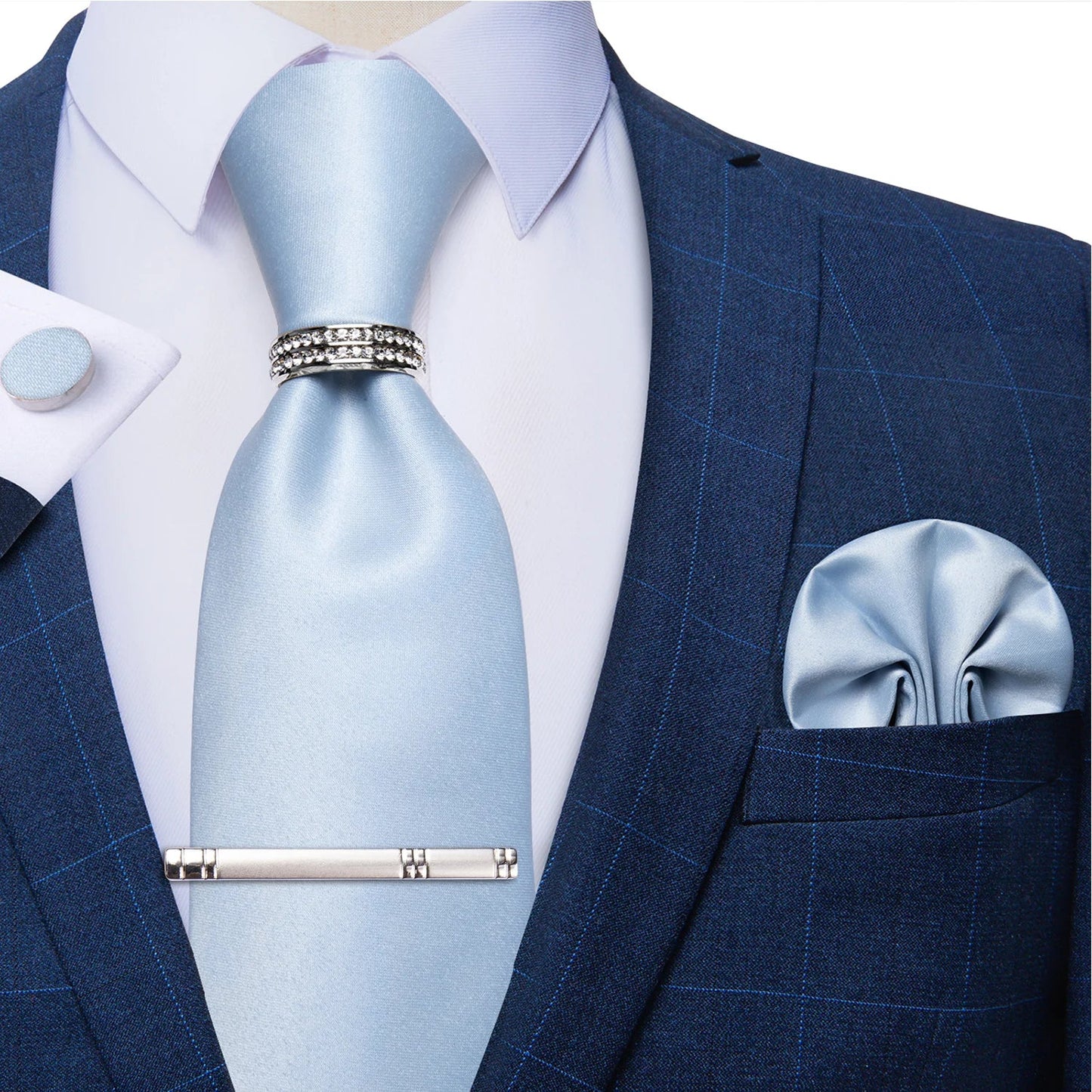 Blue Royal Dot Pliad Mens Tie set with Silver Clip and Ring Business Wedding Party Accessories 8cm Necktie Handkerchief Cufflink - Velora