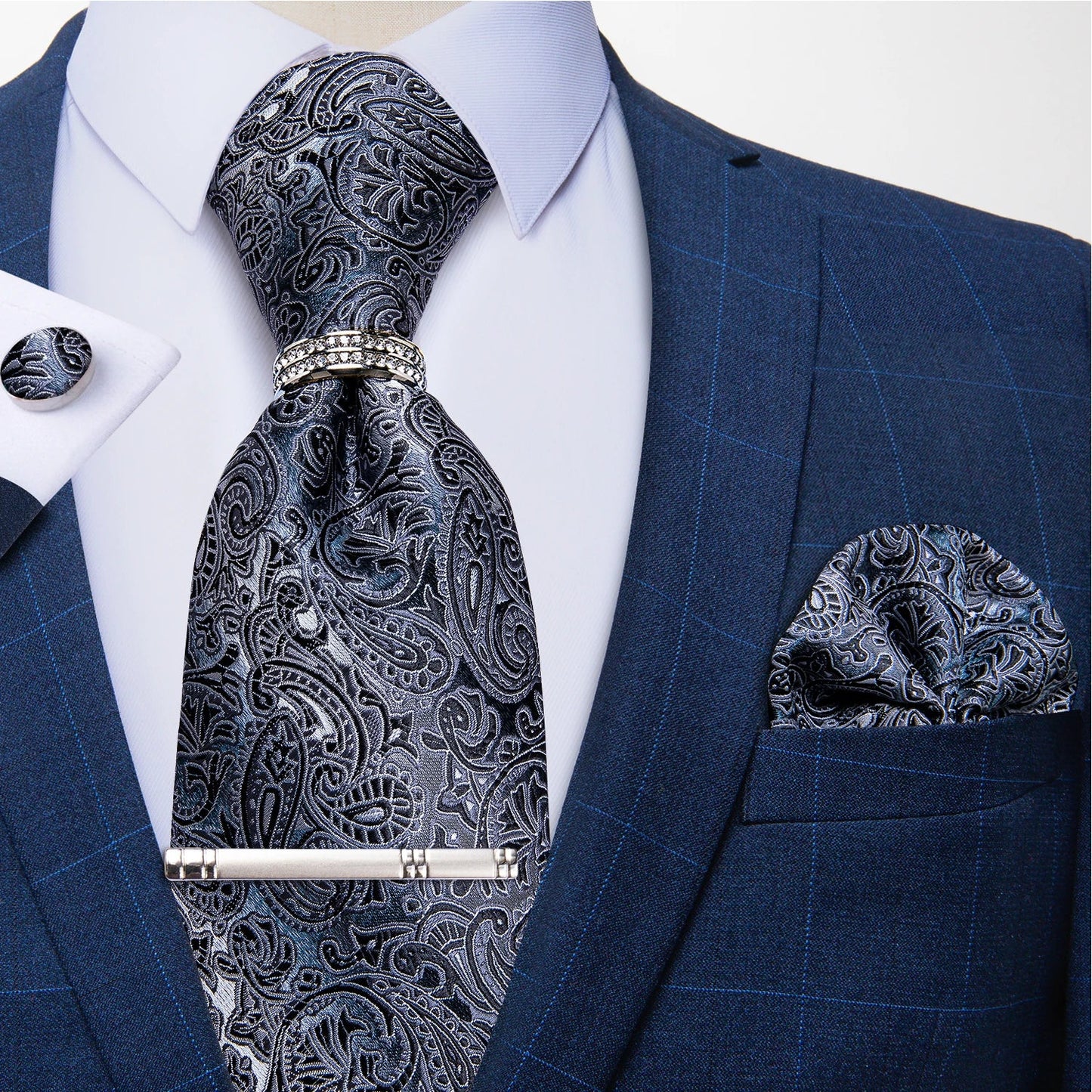 Blue Royal Dot Pliad Mens Tie set with Silver Clip and Ring Business Wedding Party Accessories 8cm Necktie Handkerchief Cufflink - Velora