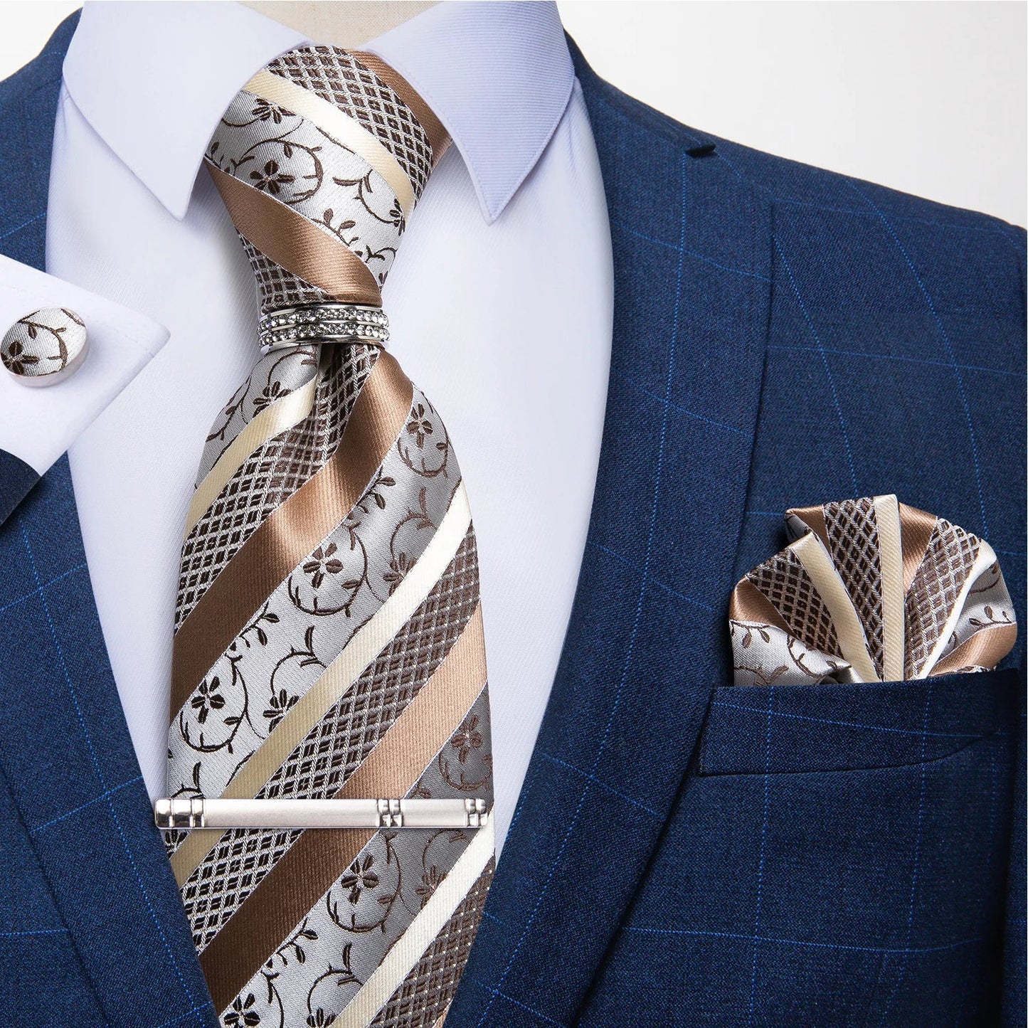 Blue Royal Dot Pliad Mens Tie set with Silver Clip and Ring Business Wedding Party Accessories 8cm Necktie Handkerchief Cufflink - Velora
