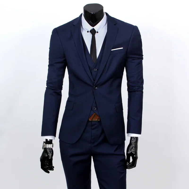 Spring Autumn New Fashion Men's Trendy Slim Business Solid Color 3 Pieces of Suits Sets Single Greasted Blazers Waistcoat Pants - Velora