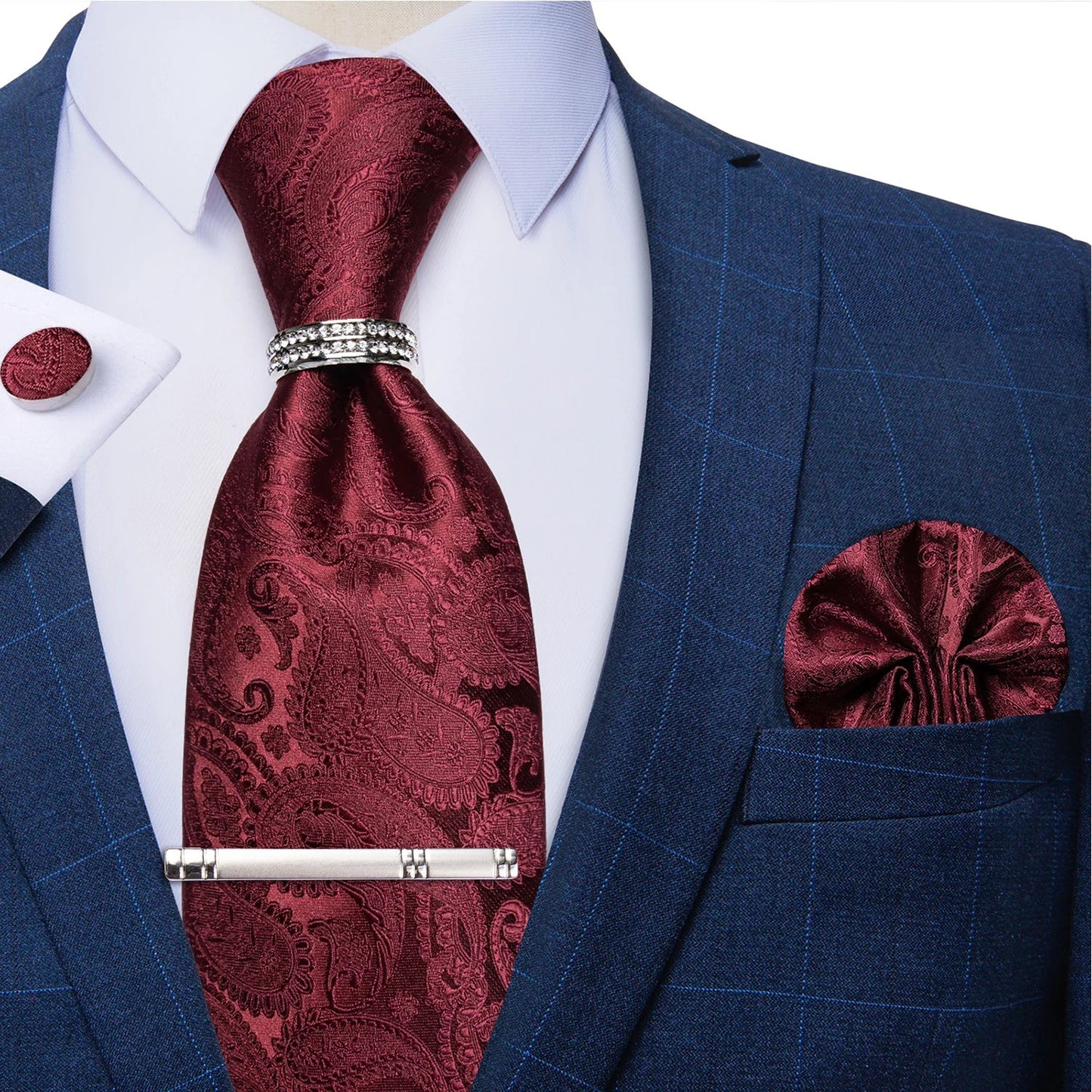 Blue Royal Dot Pliad Mens Tie set with Silver Clip and Ring Business Wedding Party Accessories 8cm Necktie Handkerchief Cufflink - Velora