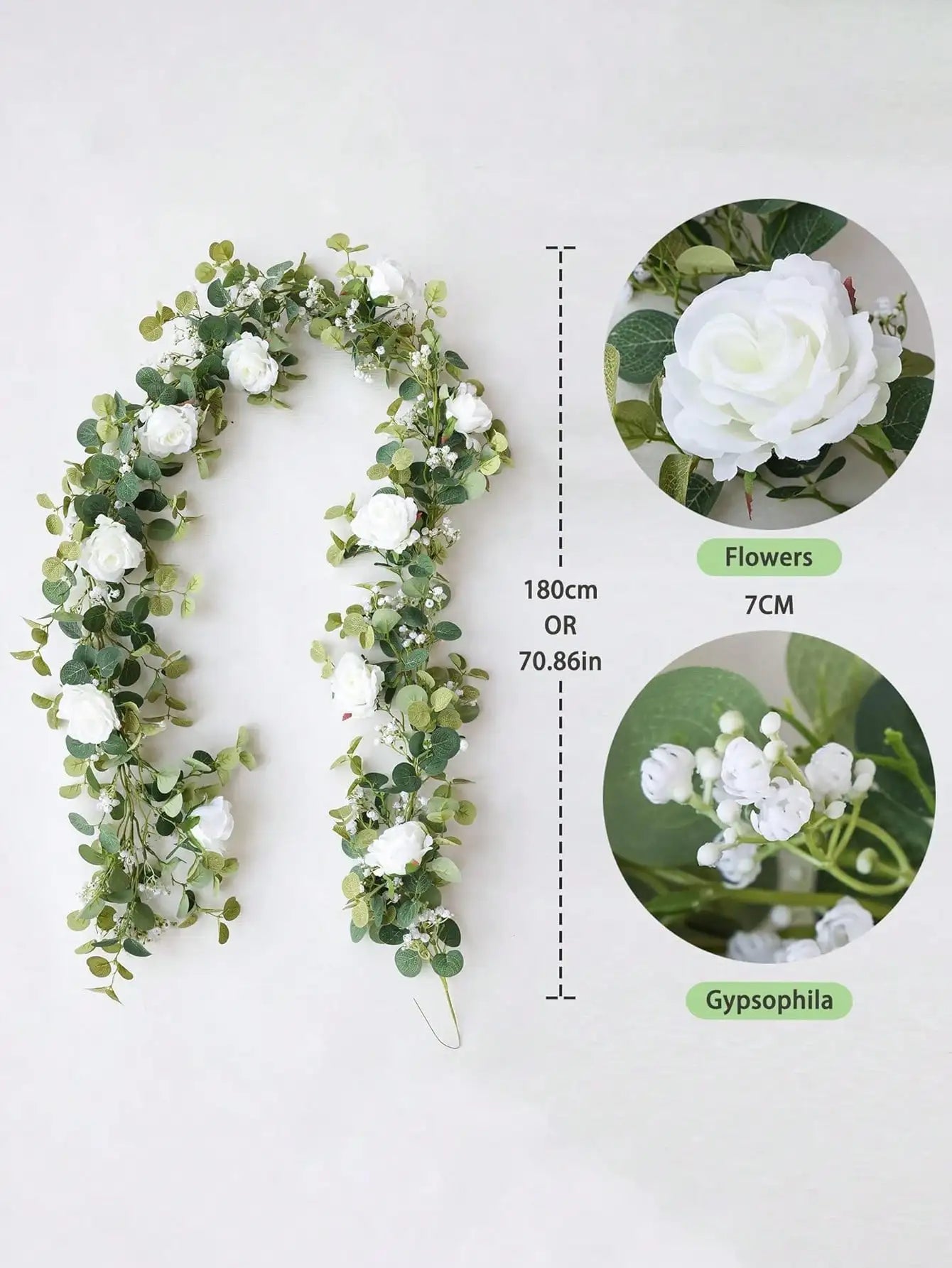 1pc 5.9FT Artificial Eucalyptus Vine Fake Rose Flowers Gypsophila Garland For Wedding Home Party Craft Art Table Runner Decor - Velora