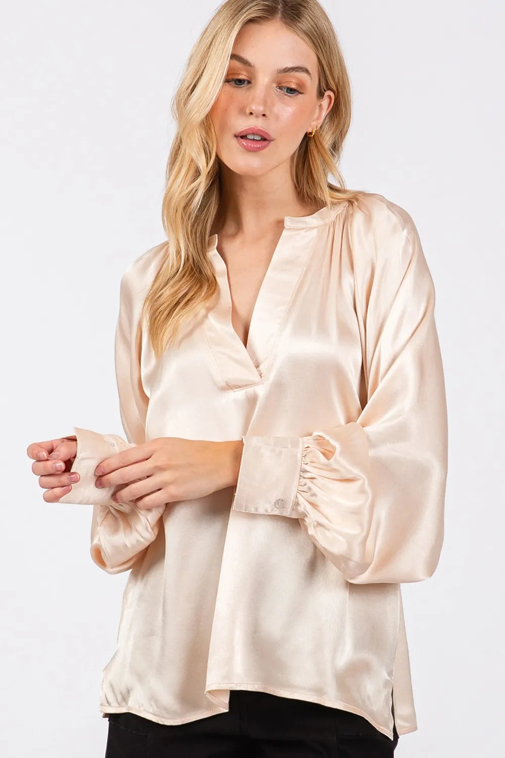 SAGE + FIG Notched Long Sleeve Blouse - Velora Luxury Fashion