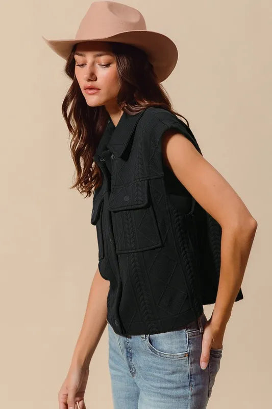 SO ME Cable Quilting Stitch Button Up Knit Vest - Velora Luxury Fashion