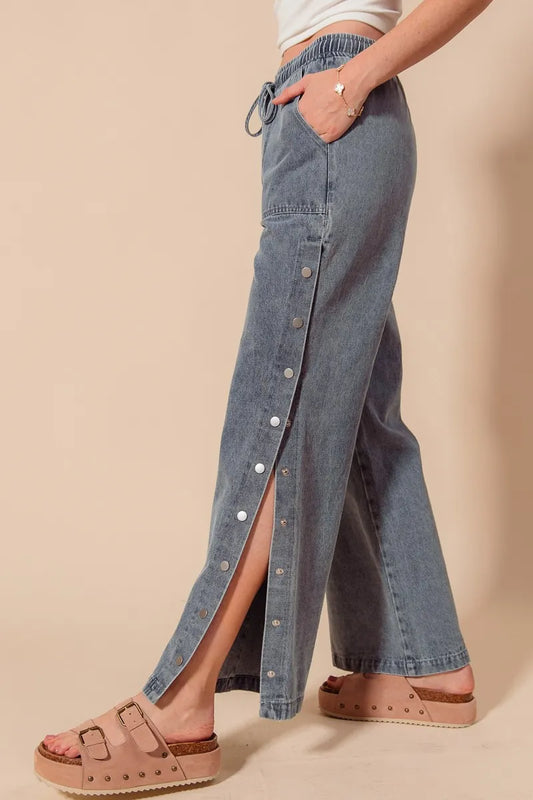 SO ME Mid Rise Drawstring Jeans with Side Snap Button - Velora Luxury Fashion