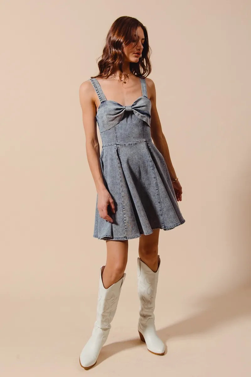 SO ME Mineral Washed Bow Ribbon Denim Flare Dress - Velora Luxury Fashion