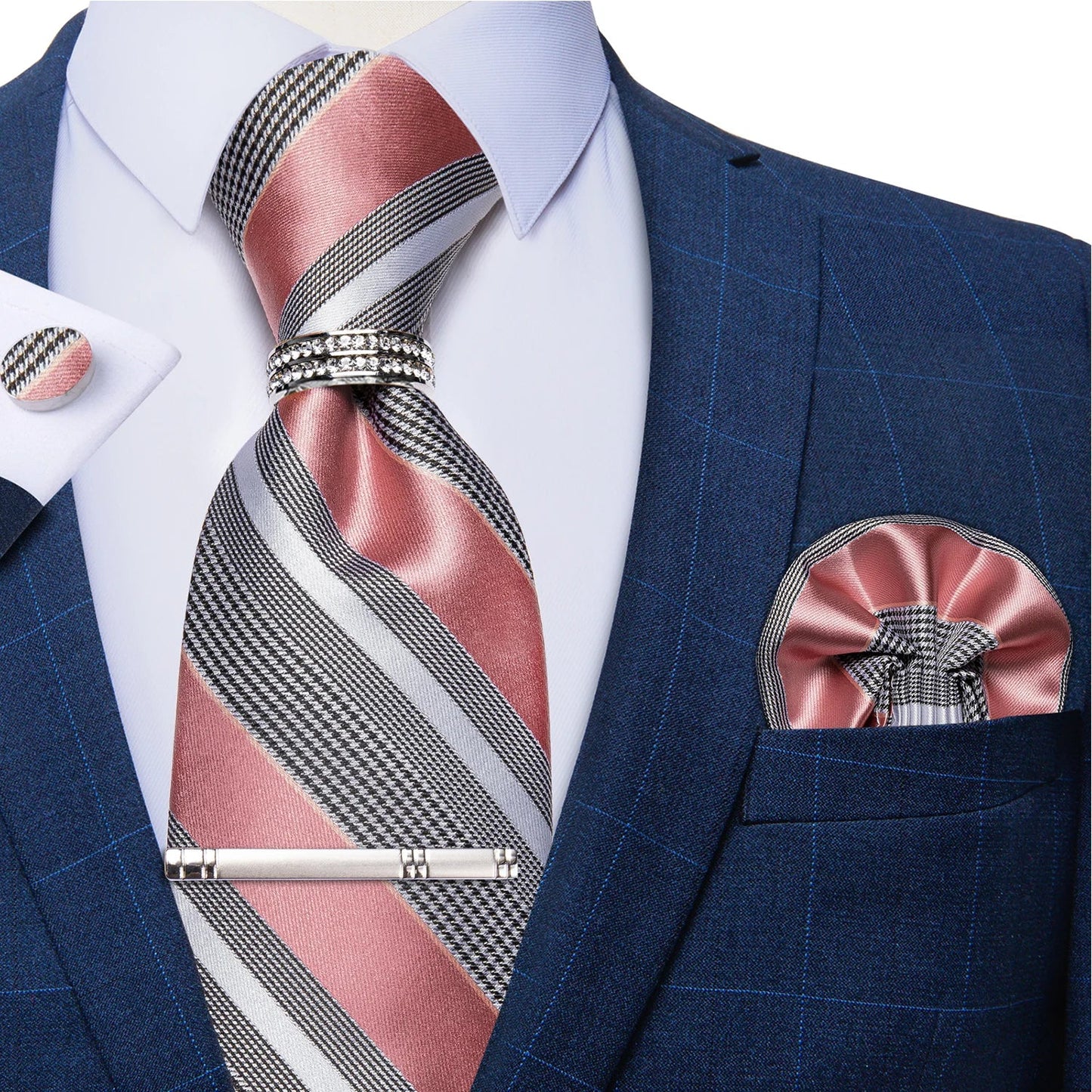 Blue Royal Dot Pliad Mens Tie set with Silver Clip and Ring Business Wedding Party Accessories 8cm Necktie Handkerchief Cufflink - Velora