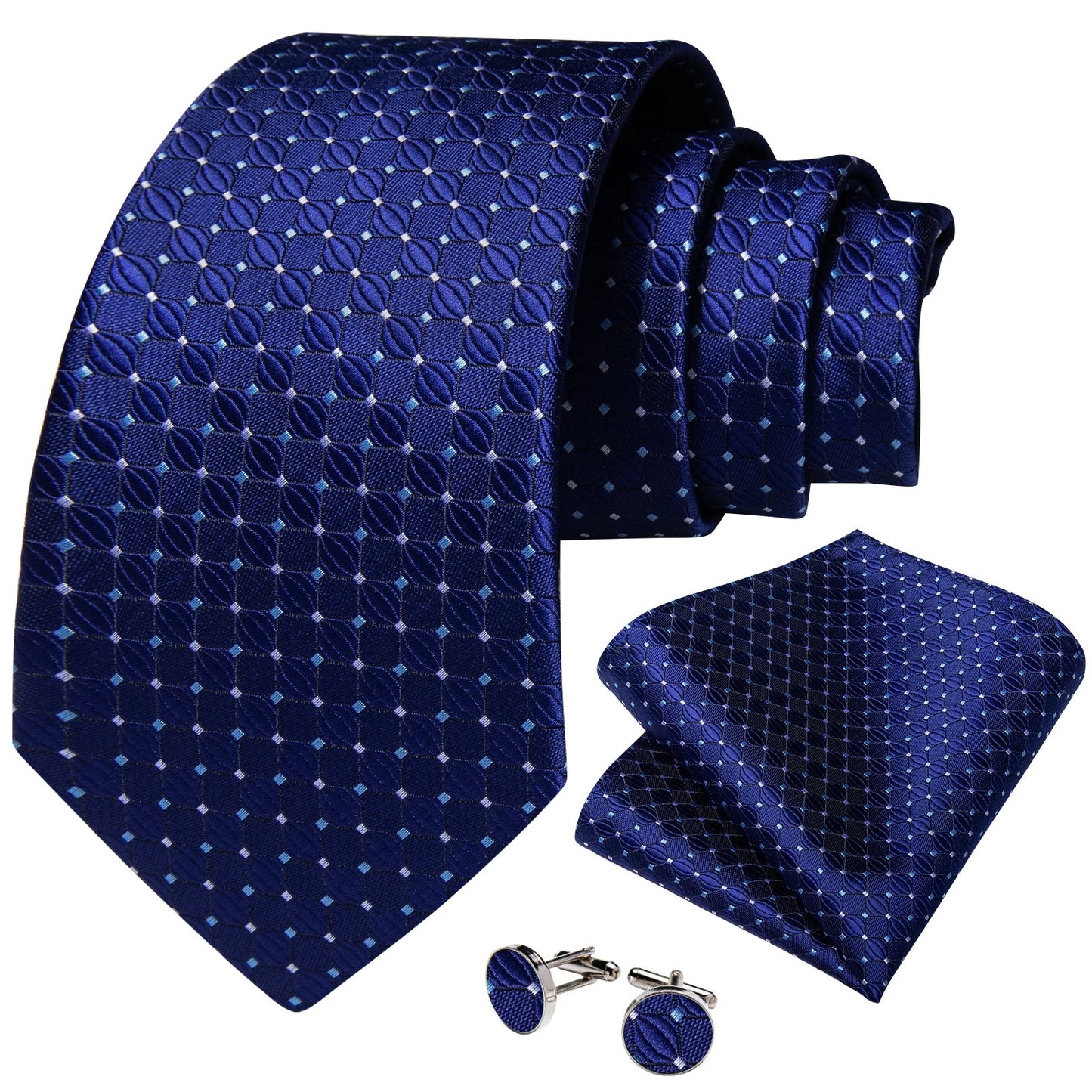 Blue Royal Dot Pliad Mens Tie set with Silver Clip and Ring Business Wedding Party Accessories 8cm Necktie Handkerchief Cufflink - Velora