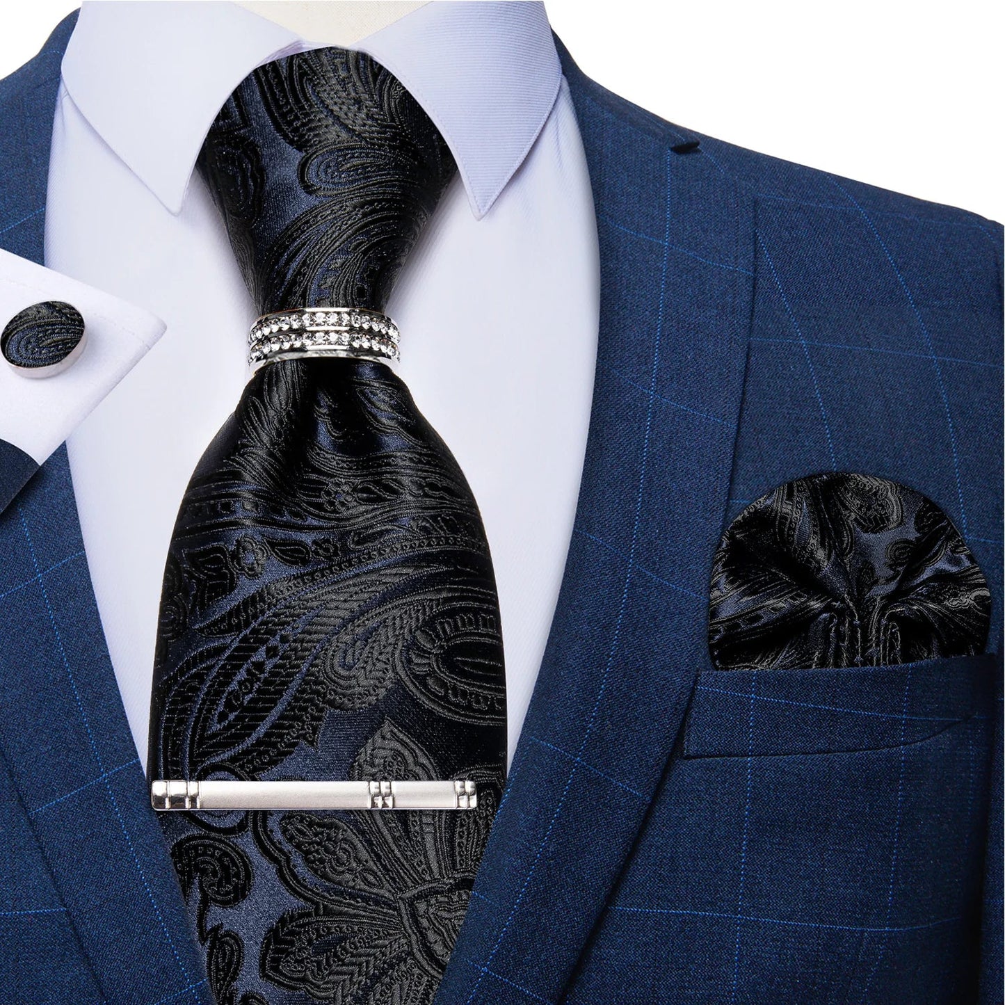 Blue Royal Dot Pliad Mens Tie set with Silver Clip and Ring Business Wedding Party Accessories 8cm Necktie Handkerchief Cufflink - Velora