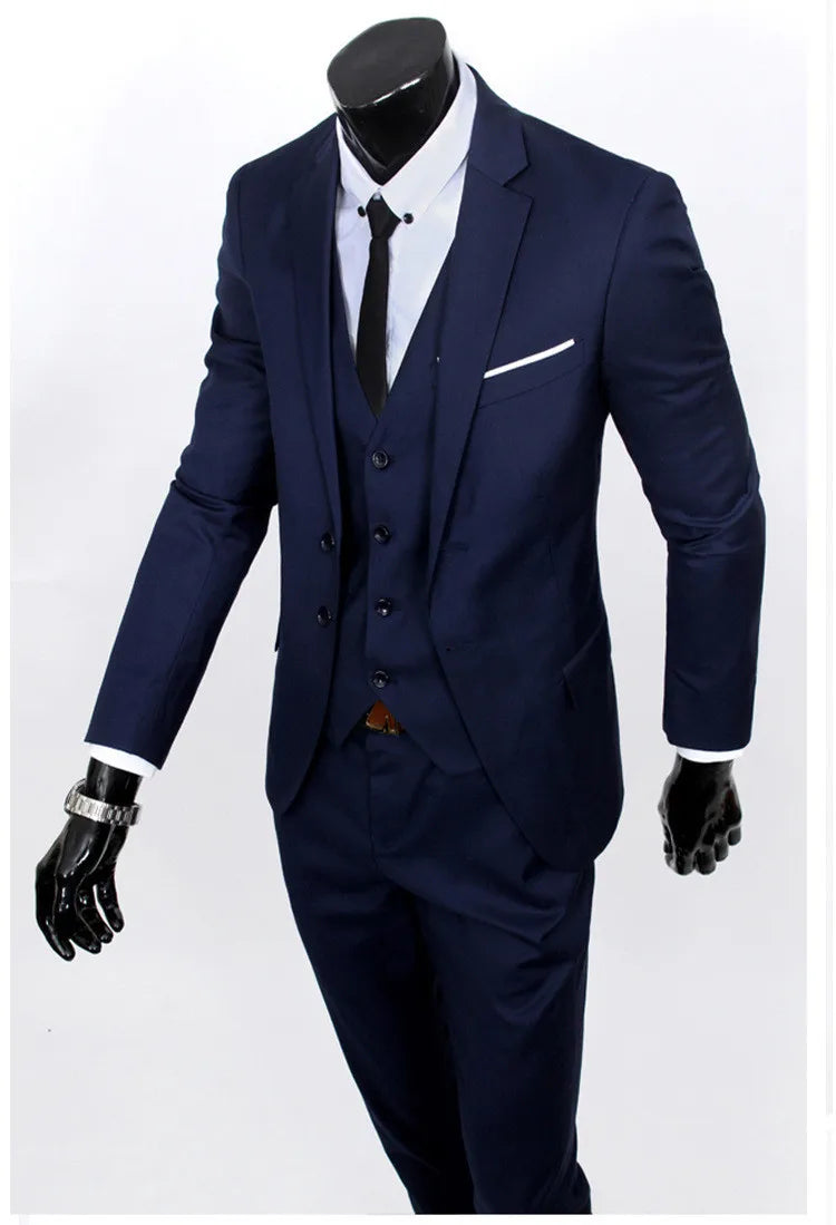 Spring Autumn New Fashion Men's Trendy Slim Business Solid Color 3 Pieces of Suits Sets Single Greasted Blazers Waistcoat Pants - Velora