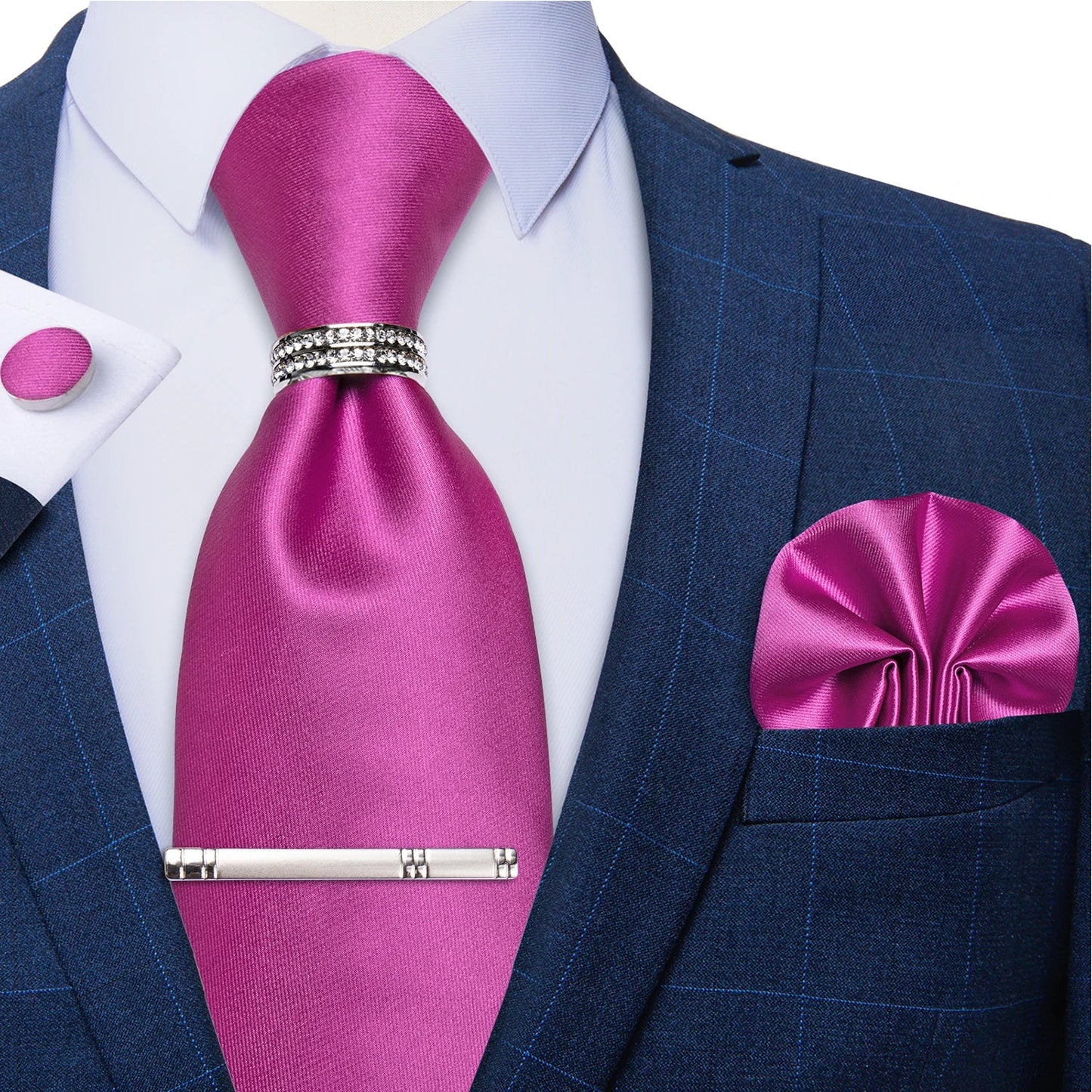 Blue Royal Dot Pliad Mens Tie set with Silver Clip and Ring Business Wedding Party Accessories 8cm Necktie Handkerchief Cufflink - Velora