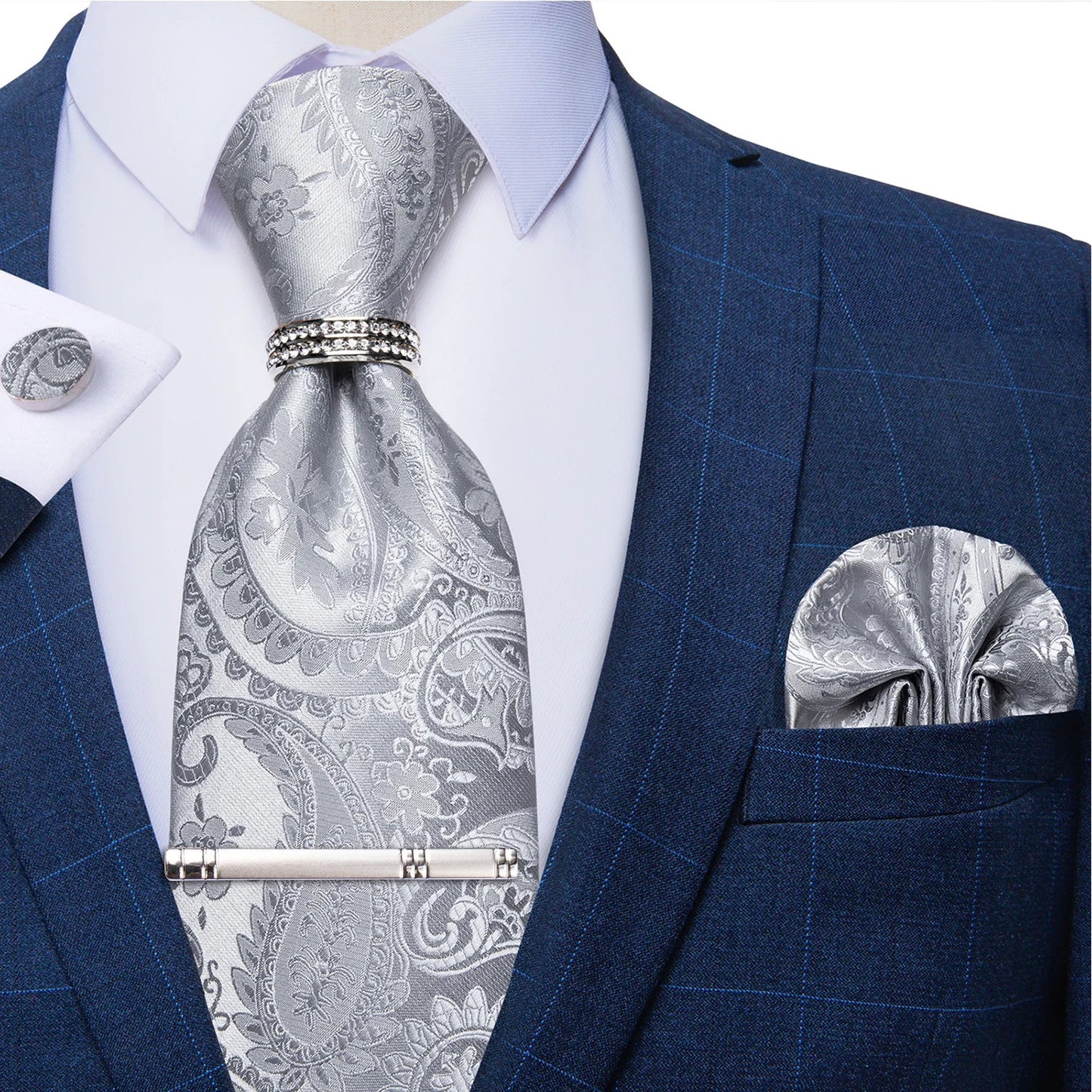 Blue Royal Dot Pliad Mens Tie set with Silver Clip and Ring Business Wedding Party Accessories 8cm Necktie Handkerchief Cufflink - Velora