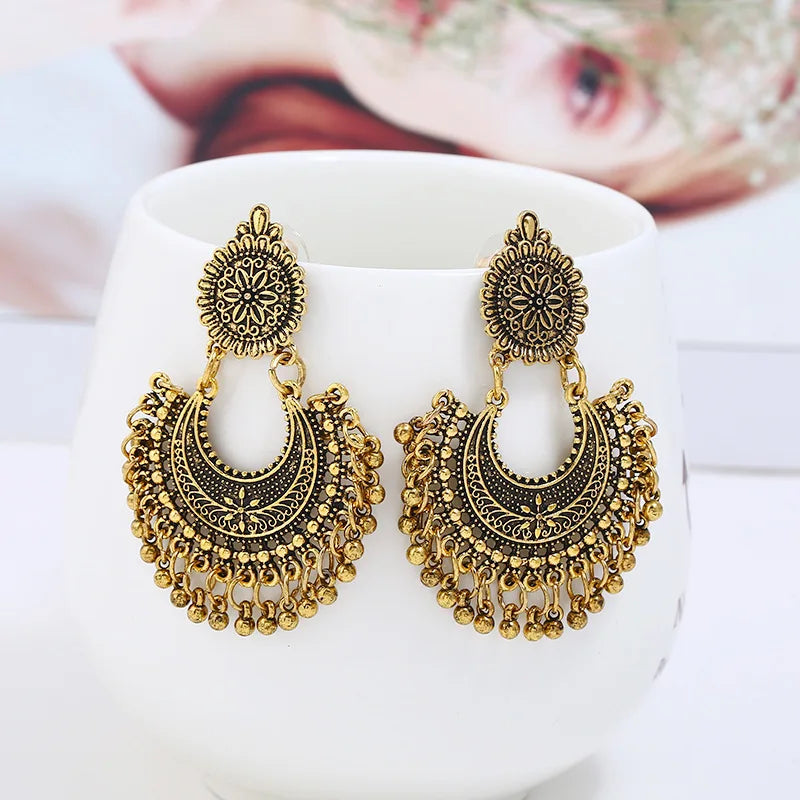 Indian Jhumka Earrings Jewelry Ethnic Retro Antique Silver Color Alloy Carved Beads Tassel Earrings For Women Daily Accessories Velora