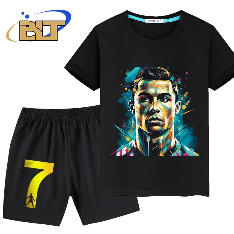 Ronaldo head print children's clothing summer kids T-shirt set pure cotton short-sleeved shorts 2-piece set boys and girls gifts Velora
