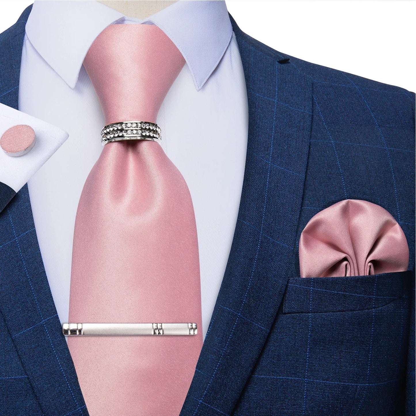 Blue Royal Dot Pliad Mens Tie set with Silver Clip and Ring Business Wedding Party Accessories 8cm Necktie Handkerchief Cufflink - Velora
