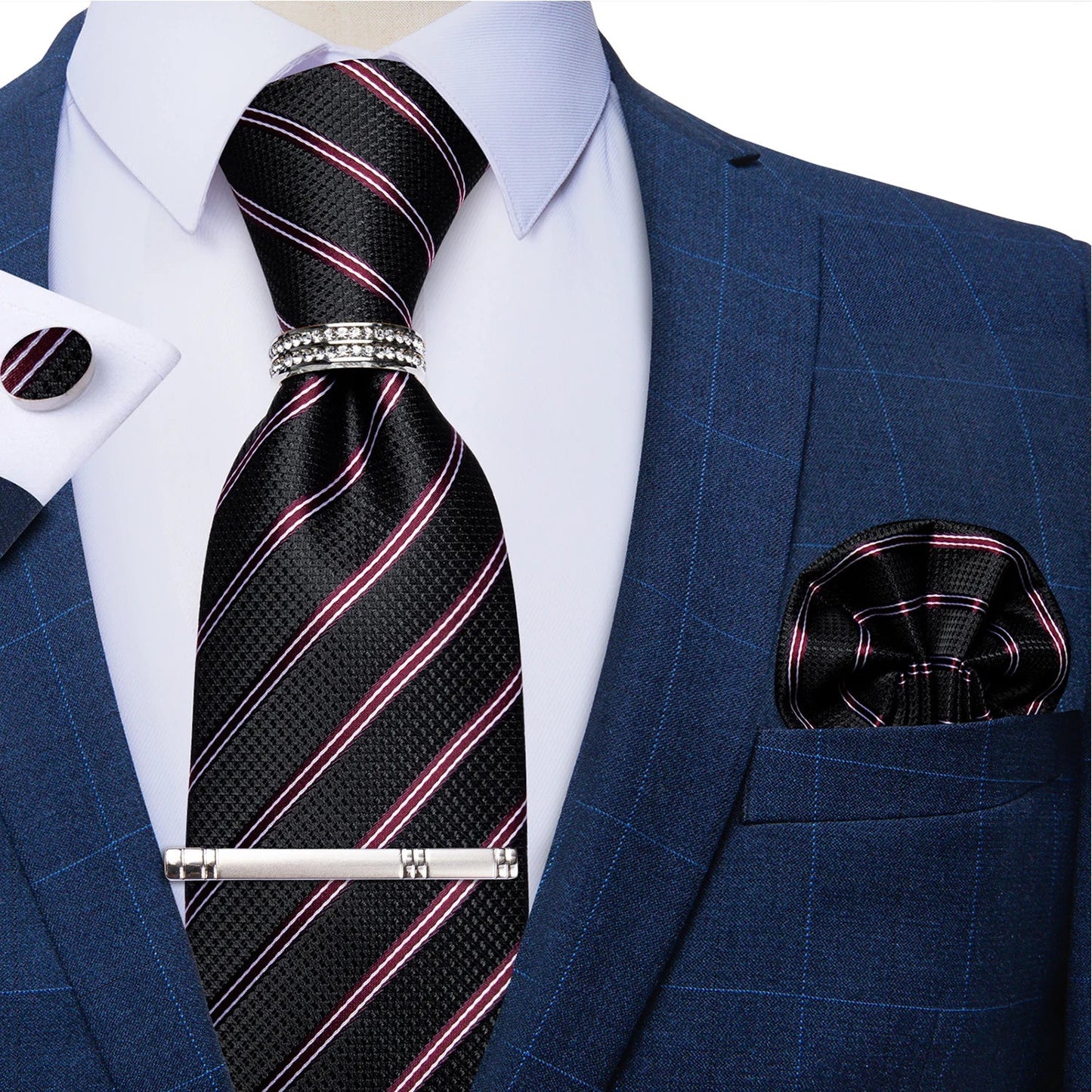 Blue Royal Dot Pliad Mens Tie set with Silver Clip and Ring Business Wedding Party Accessories 8cm Necktie Handkerchief Cufflink - Velora