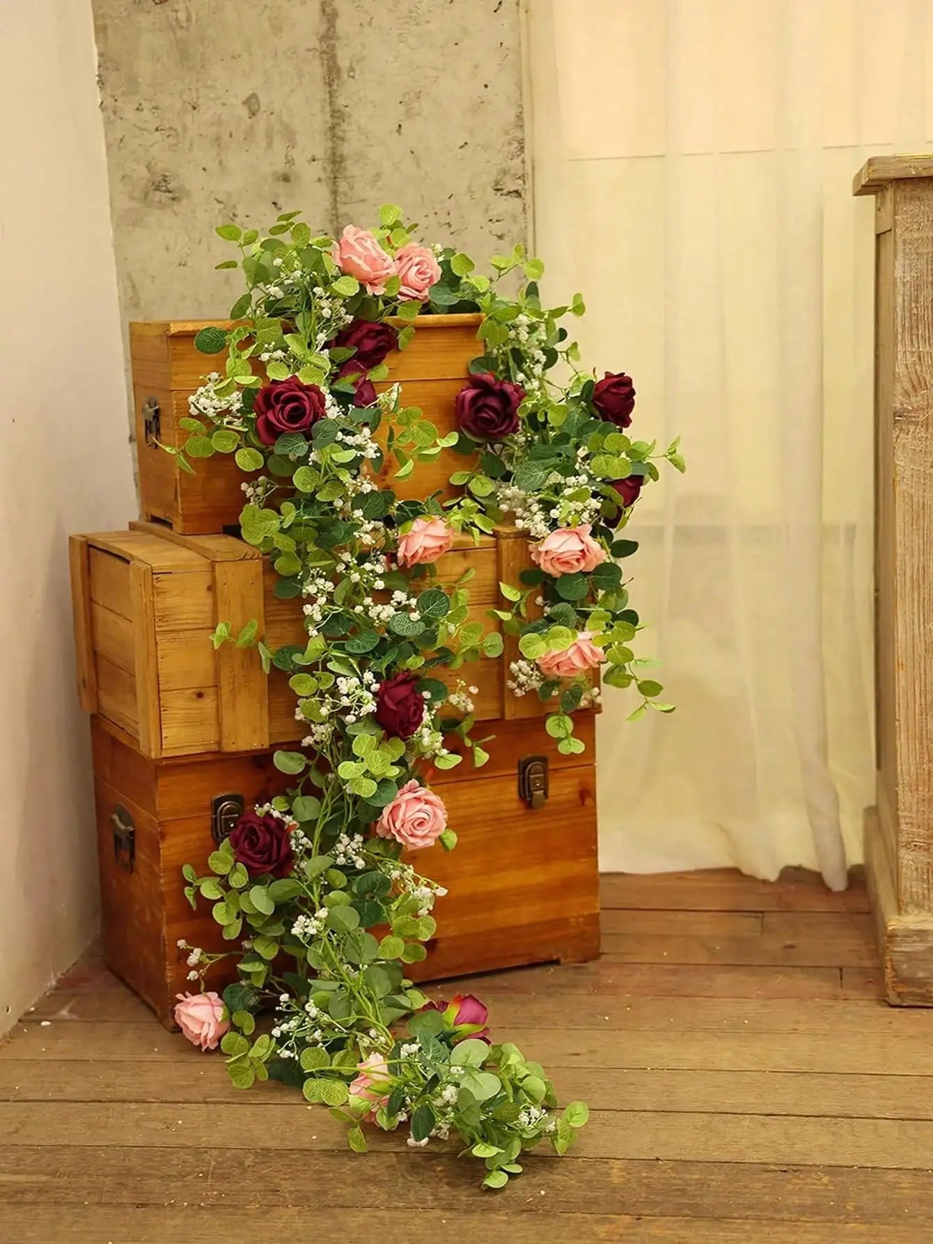 1pc 5.9FT Artificial Eucalyptus Vine Fake Rose Flowers Gypsophila Garland For Wedding Home Party Craft Art Table Runner Decor - Velora