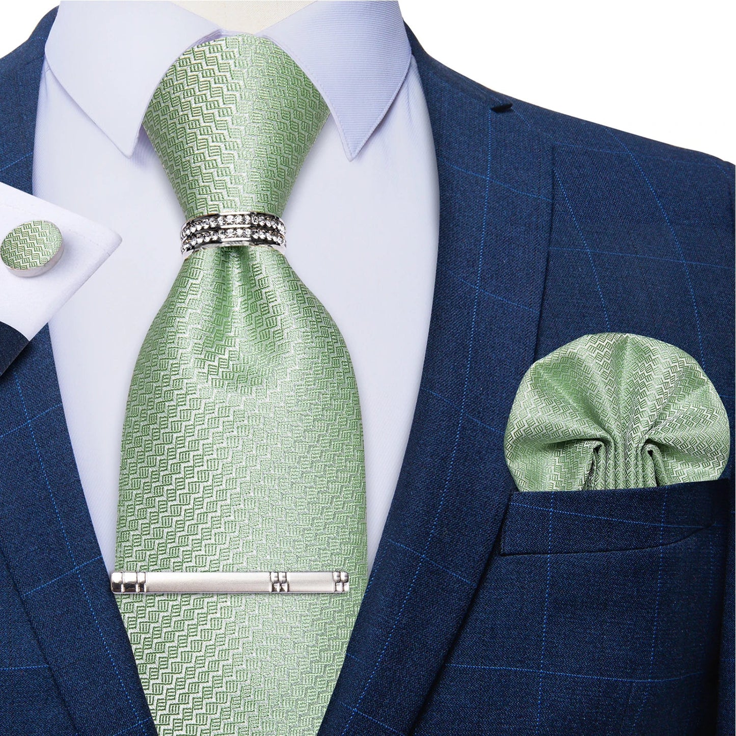 Blue Royal Dot Pliad Mens Tie set with Silver Clip and Ring Business Wedding Party Accessories 8cm Necktie Handkerchief Cufflink - Velora