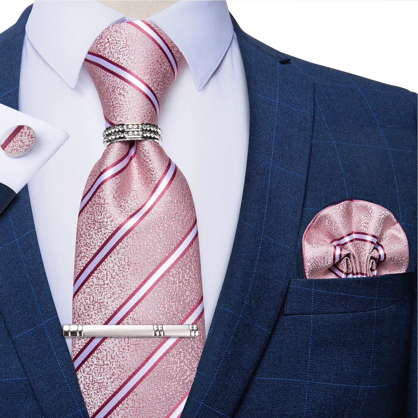 Blue Royal Dot Pliad Mens Tie set with Silver Clip and Ring Business Wedding Party Accessories 8cm Necktie Handkerchief Cufflink - Velora