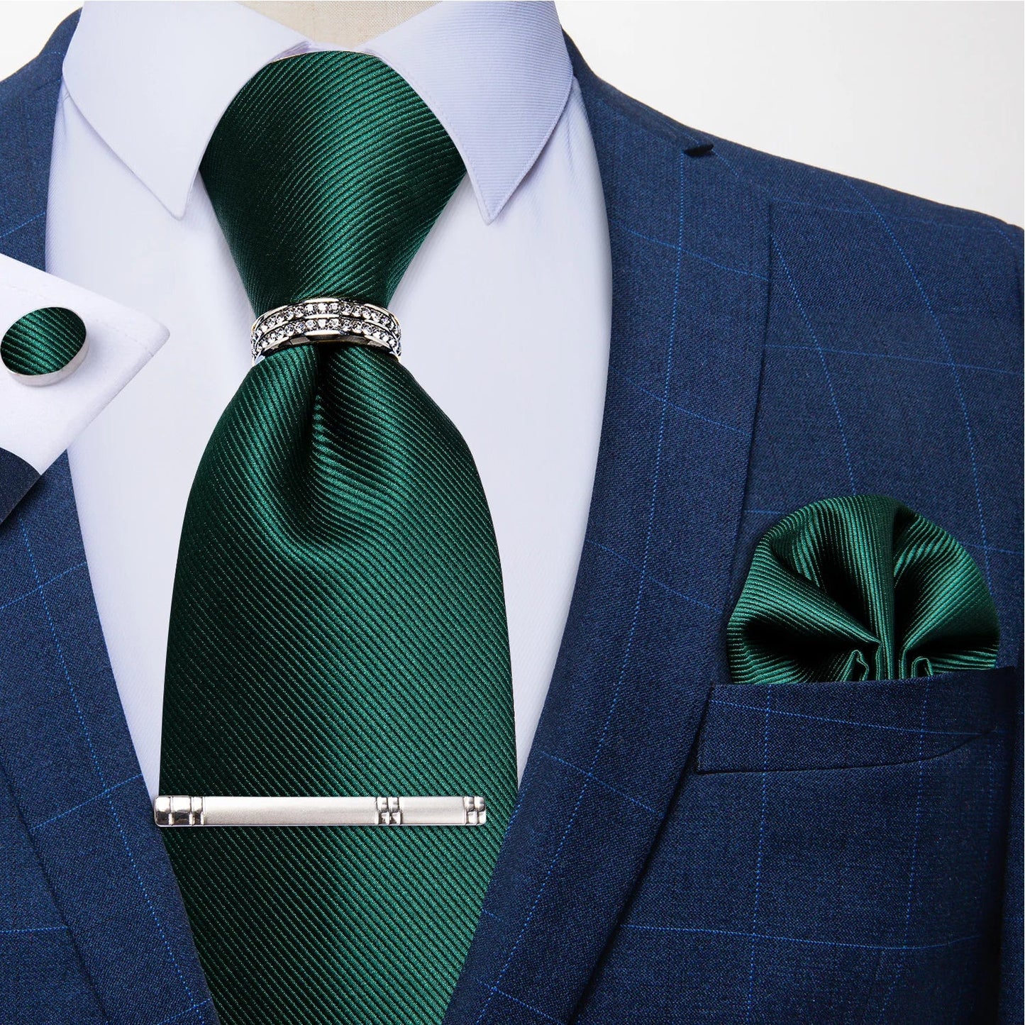 Blue Royal Dot Pliad Mens Tie set with Silver Clip and Ring Business Wedding Party Accessories 8cm Necktie Handkerchief Cufflink - Velora