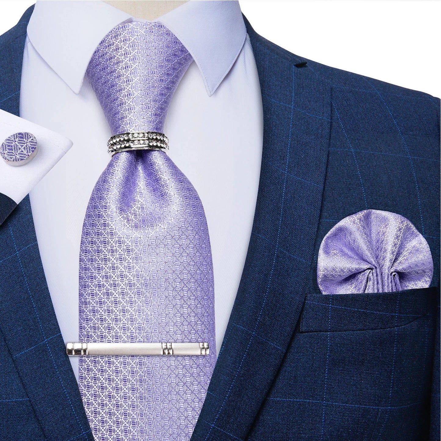 Blue Royal Dot Pliad Mens Tie set with Silver Clip and Ring Business Wedding Party Accessories 8cm Necktie Handkerchief Cufflink - Velora