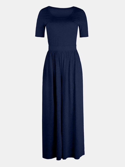 Scoop Neck Short Sleeve Jumpsuit - Velora Luxury Fashion