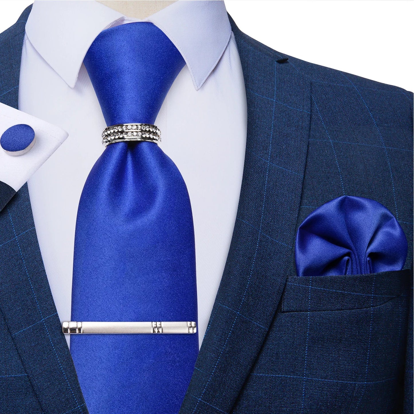 Blue Royal Dot Pliad Mens Tie set with Silver Clip and Ring Business Wedding Party Accessories 8cm Necktie Handkerchief Cufflink - Velora